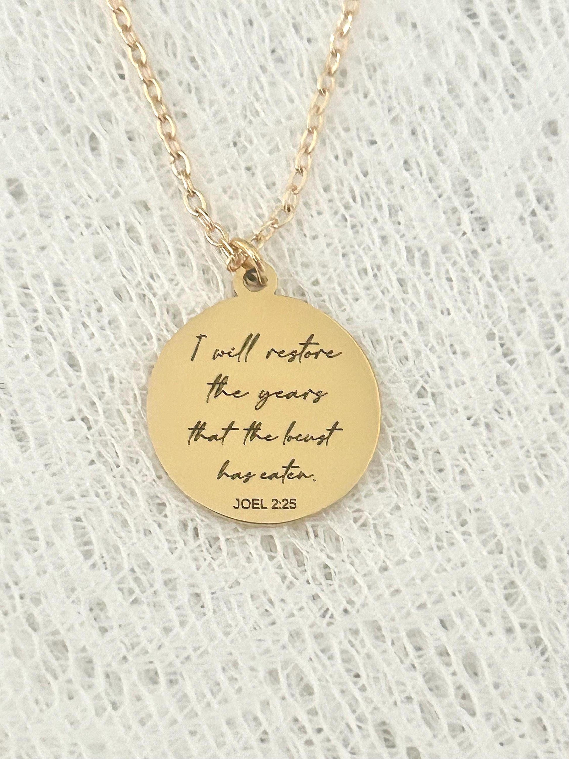 Bible Verse Necklace Joel 2:25, I will restore the years that the locust has eaten, Christian Gift, Scripture Jewelry, Personalized Necklace