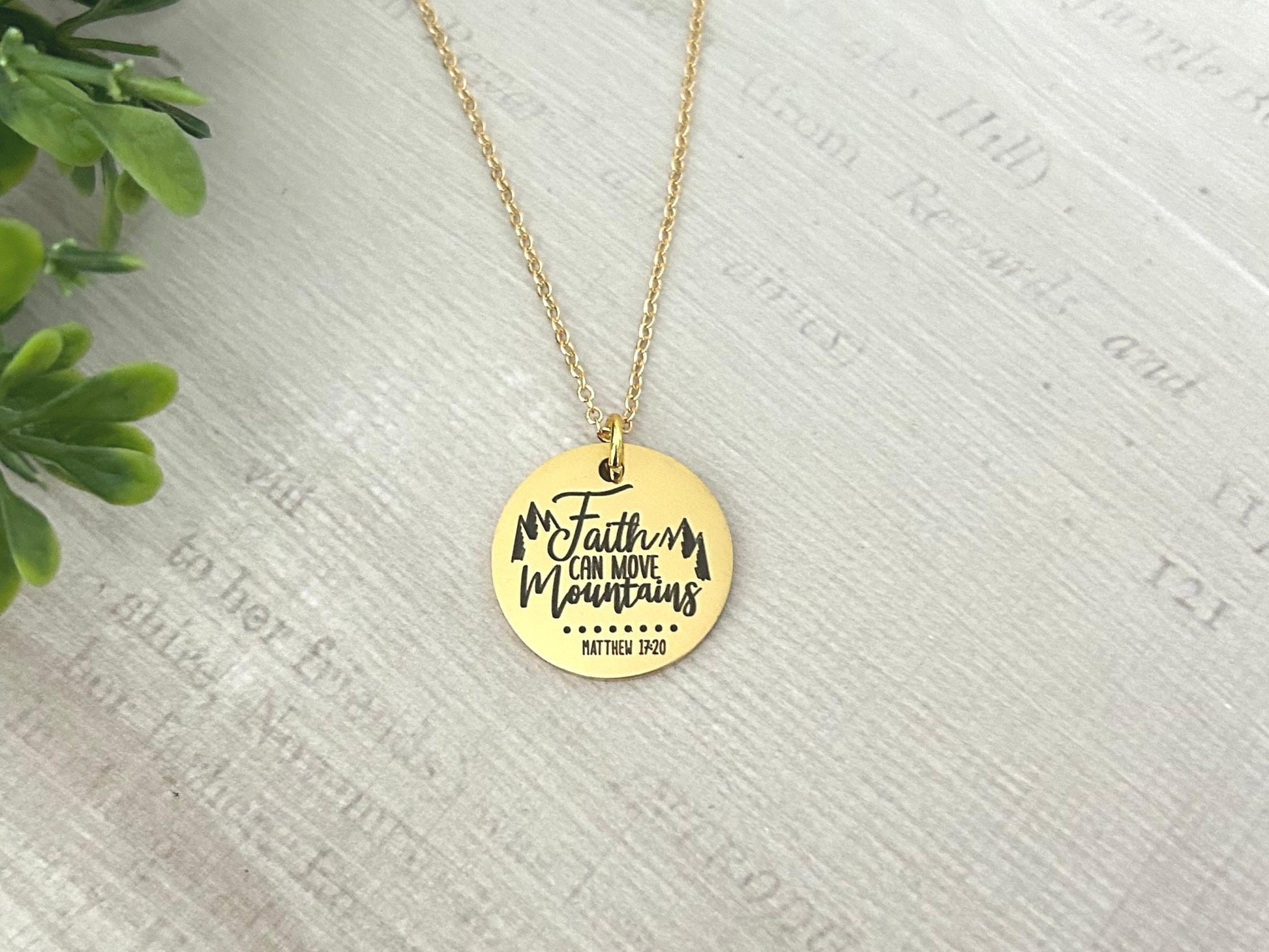 Faith Moves Mountains Necklace, Christian Faith Gifts, Scripture Jewelry, Mathew 17:20, Gold Charm Necklace, Easter jewelry, Gifts for Mom,