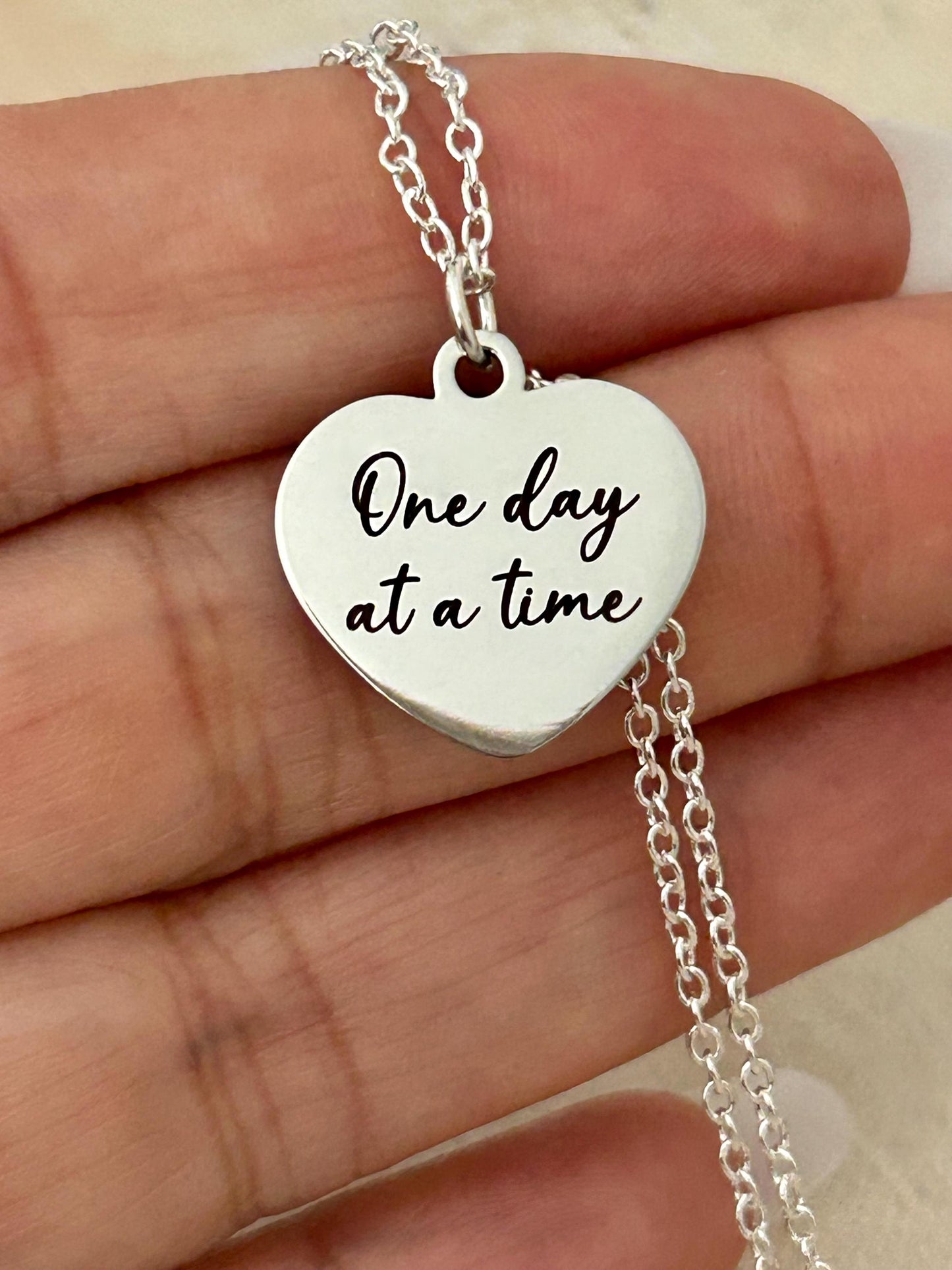 One Day at a time Silver Heart Necklace, Motivational Gifts, Meaningful Gifts, Mental Health Jewelry, Strength Necklace, Christian Gifts