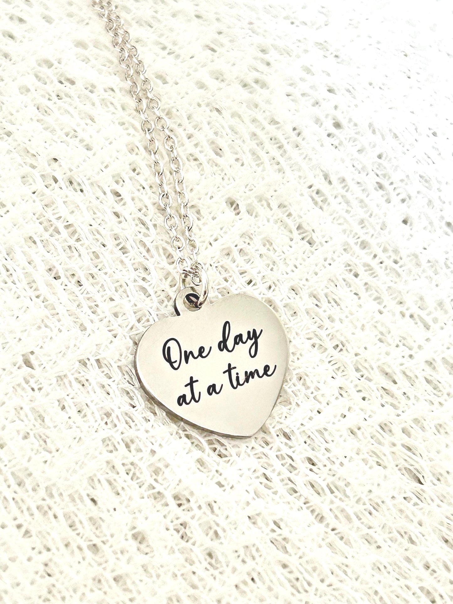 One Day at a time Silver Heart Necklace, Motivational Gifts, Meaningful Gifts, Mental Health Jewelry, Strength Necklace, Christian Gifts
