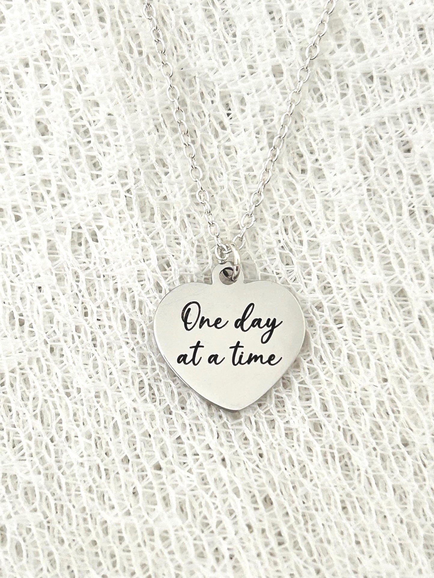 One Day at a time Silver Heart Necklace, Motivational Gifts, Meaningful Gifts, Mental Health Jewelry, Strength Necklace, Christian Gifts