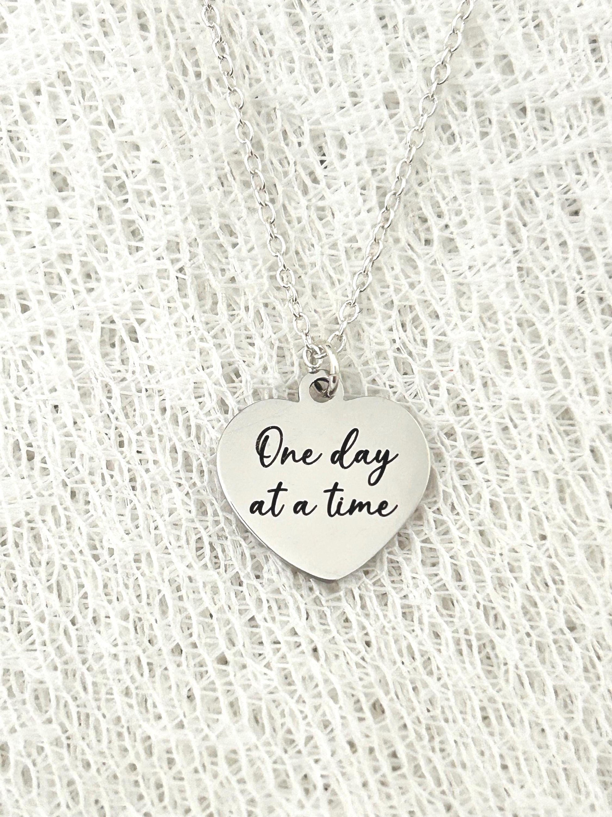 One Day at a time Silver Heart Necklace, Motivational Gifts, Meaningful Gifts, Mental Health Jewelry, Strength Necklace, Christian Gifts