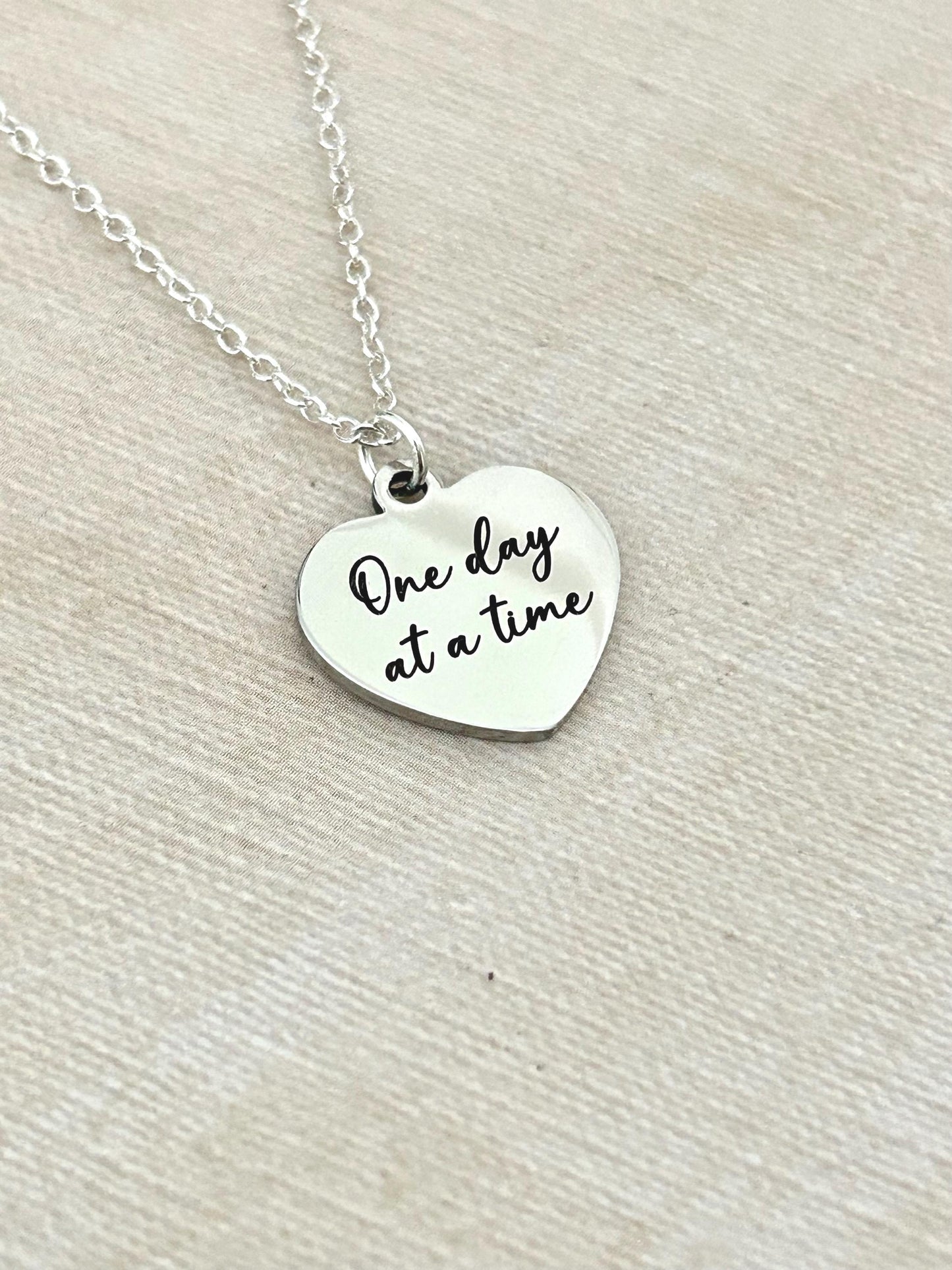 One Day at a time Silver Heart Necklace, Motivational Gifts, Meaningful Gifts, Mental Health Jewelry, Strength Necklace, Christian Gifts