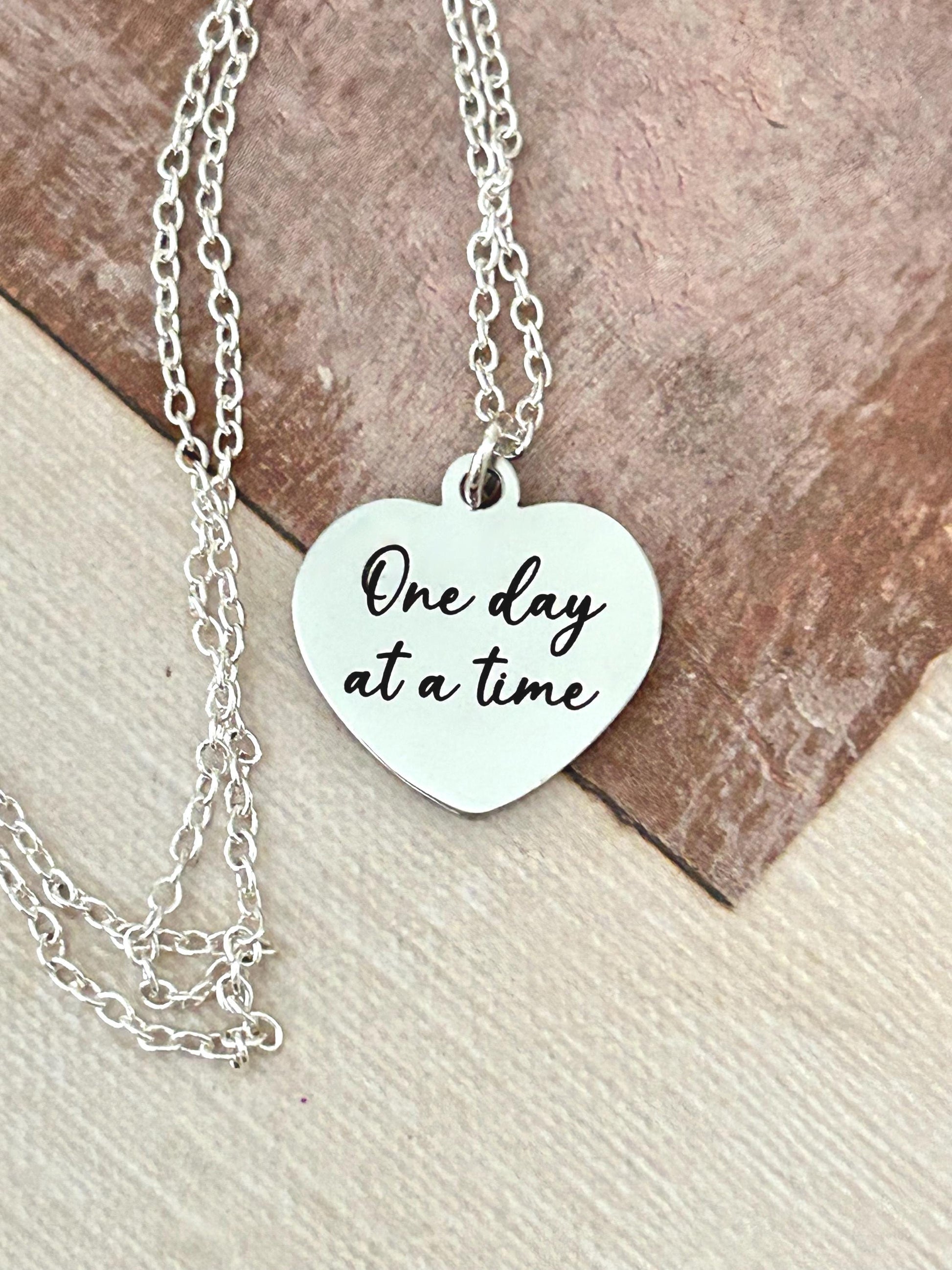 One Day at a time Silver Heart Necklace, Motivational Gifts, Meaningful Gifts, Mental Health Jewelry, Strength Necklace, Christian Gifts
