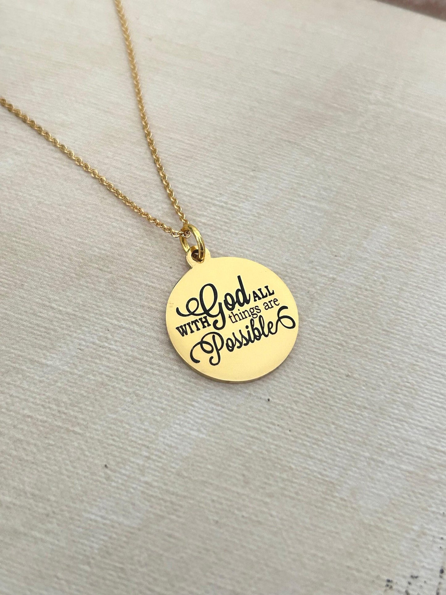 Gold Bible Verse Necklace: Christian Scripture Jewelry Gift With God All Things are Possible