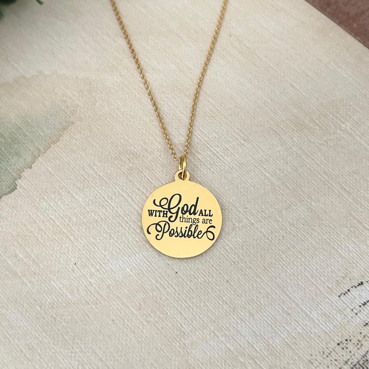 Gold Bible Verse Necklace: Christian Scripture Jewelry Gift With God All Things are Possible