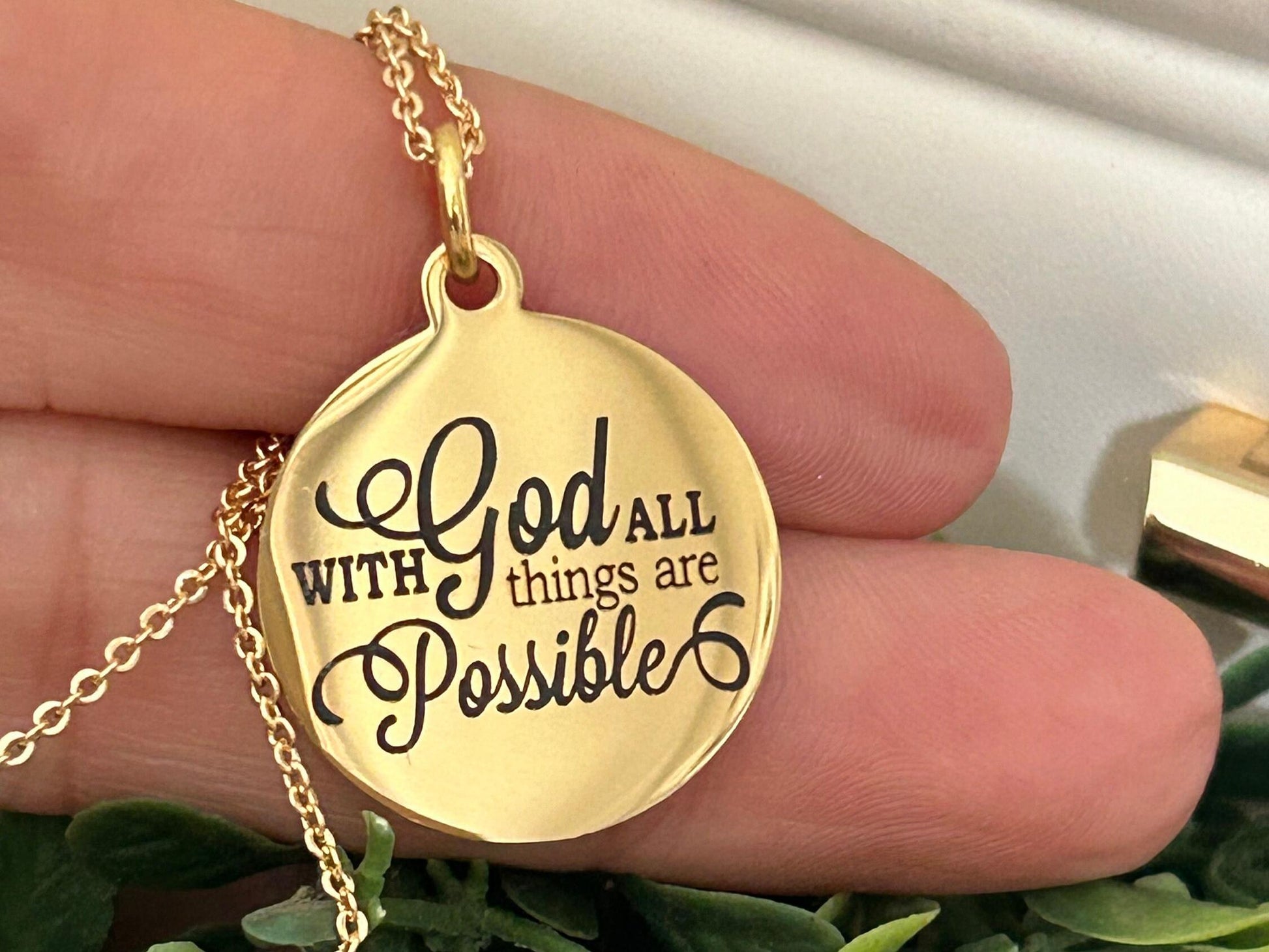 Gold Bible Verse Necklace: Christian Scripture Jewelry Gift With God All Things are Possible