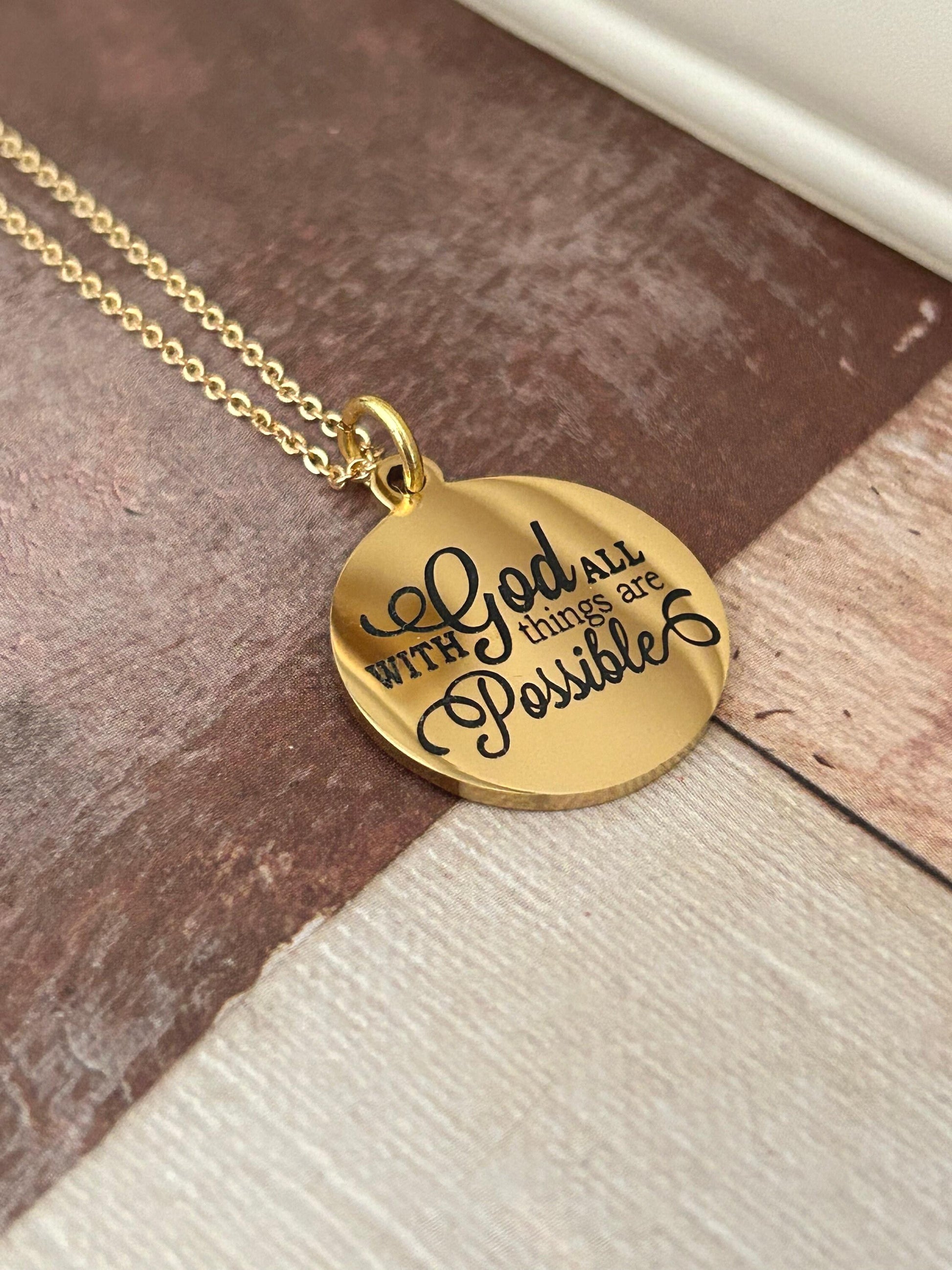 Gold Bible Verse Necklace: Christian Scripture Jewelry Gift With God All Things are Possible