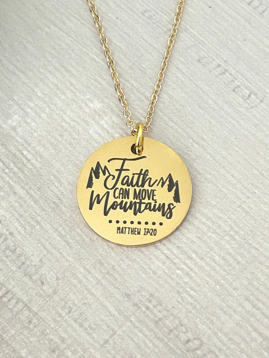 Faith Moves Mountains Necklace, Christian Faith Gifts, Scripture Jewelry, Mathew 17:20, Gold Charm Necklace, Easter jewelry, Gifts for Mom,