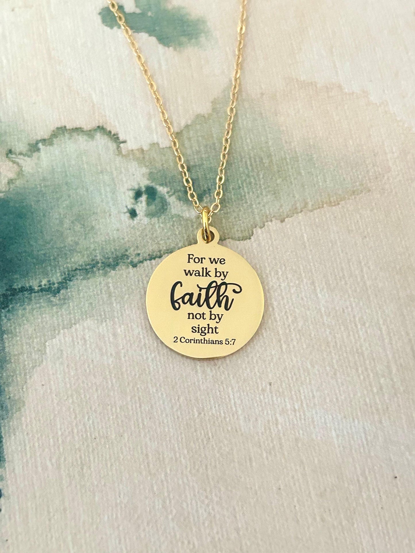For we walk by faith not by sight Gold Charm Necklace, Christian Gifts, Scripture Jewelry, Engraved Custom gifts, Affirmation, Gift for Mom