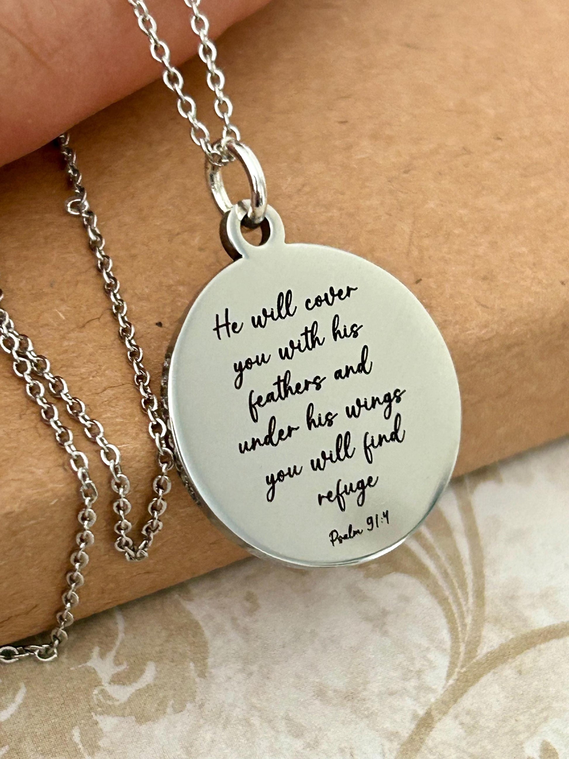Psalm 91 Necklace, Christian Gifts, Scripture Jewelry, Gifts for Mom, Motivational Gifts Prayer necklace He will cover you with his feathers
