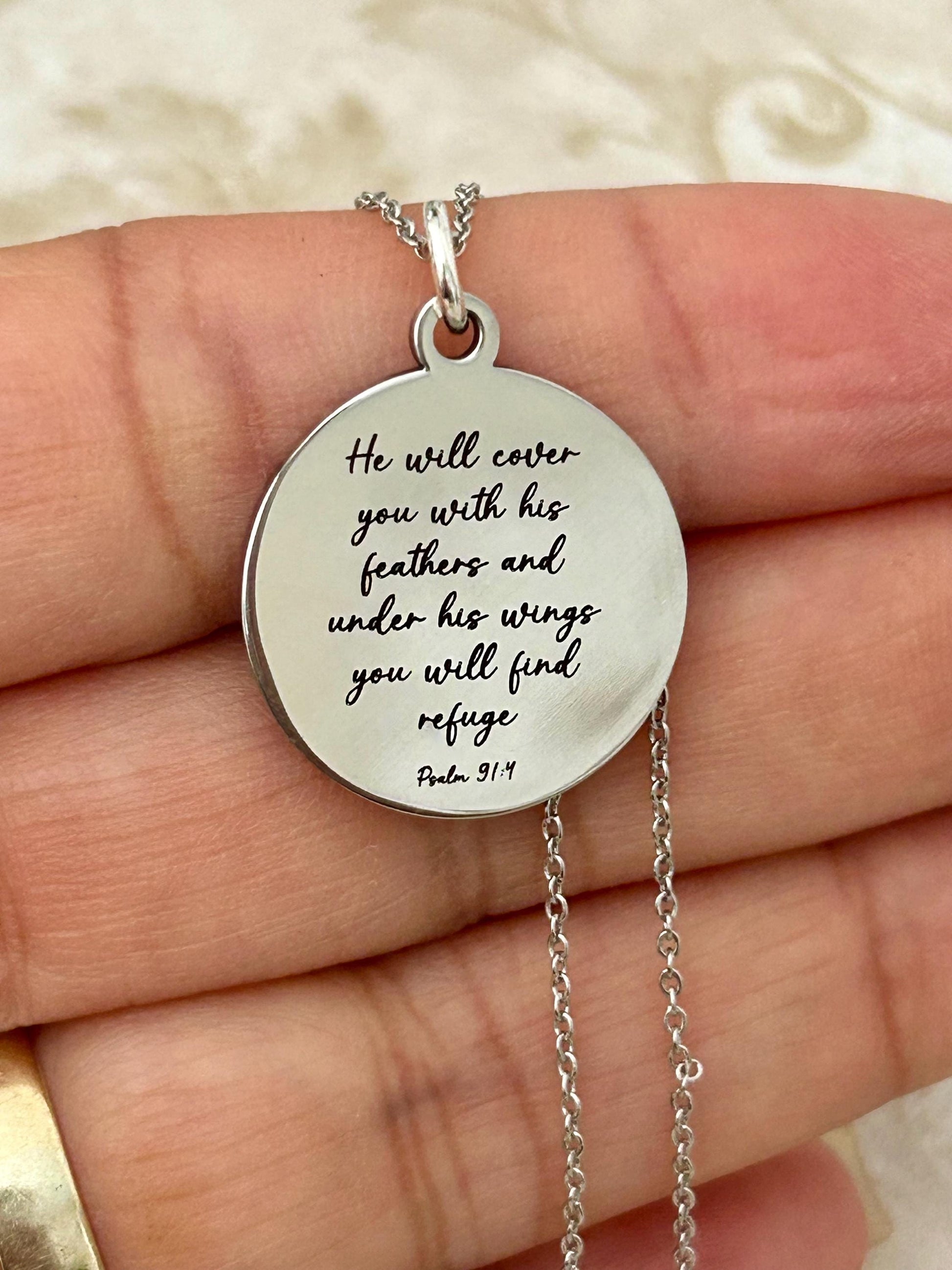 Psalm 91 Necklace, Christian Gifts, Scripture Jewelry, Gifts for Mom, Motivational Gifts Prayer necklace He will cover you with his feathers