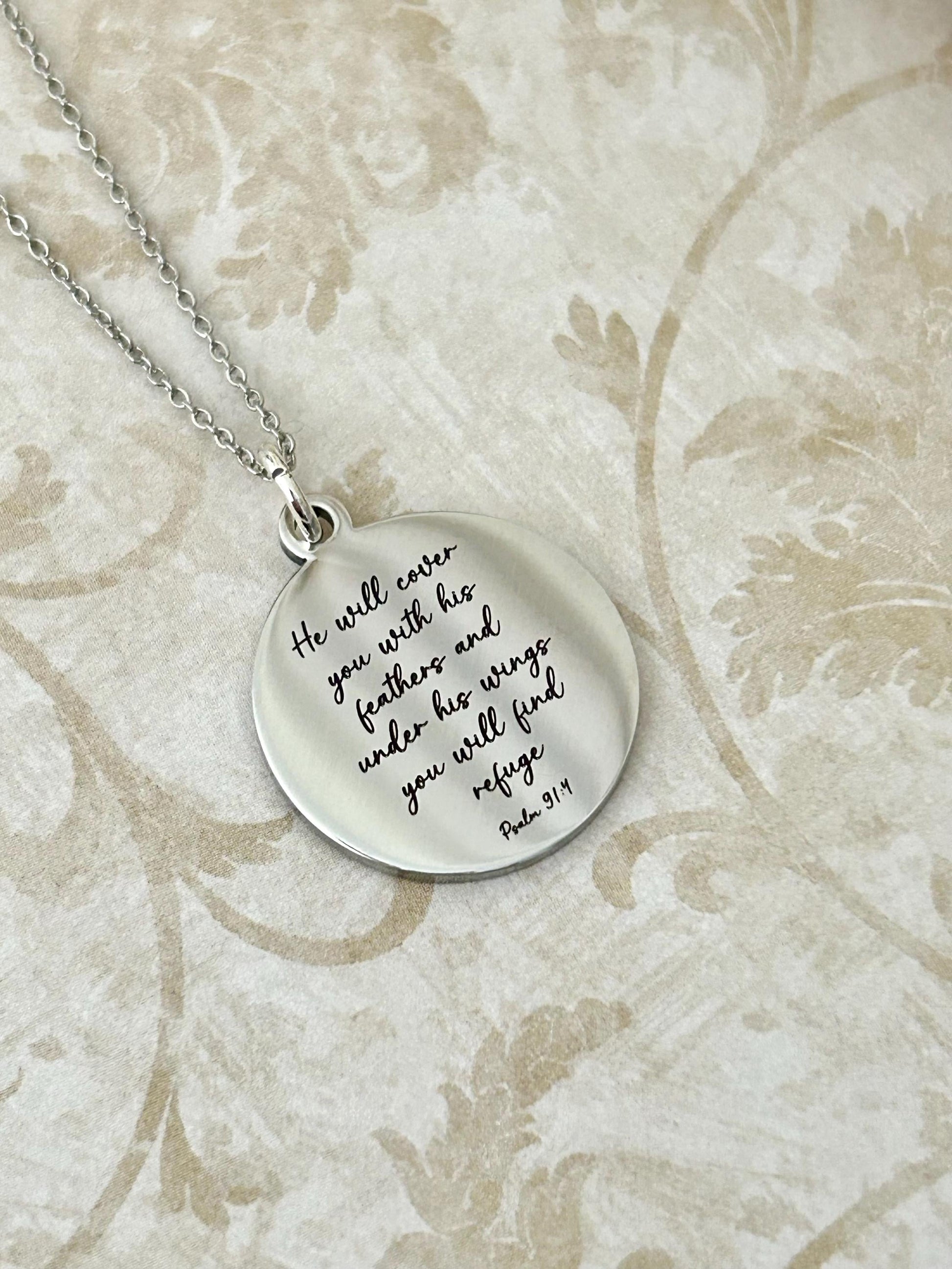 Psalm 91 Necklace, Christian Gifts, Scripture Jewelry, Gifts for Mom, Motivational Gifts Prayer necklace He will cover you with his feathers