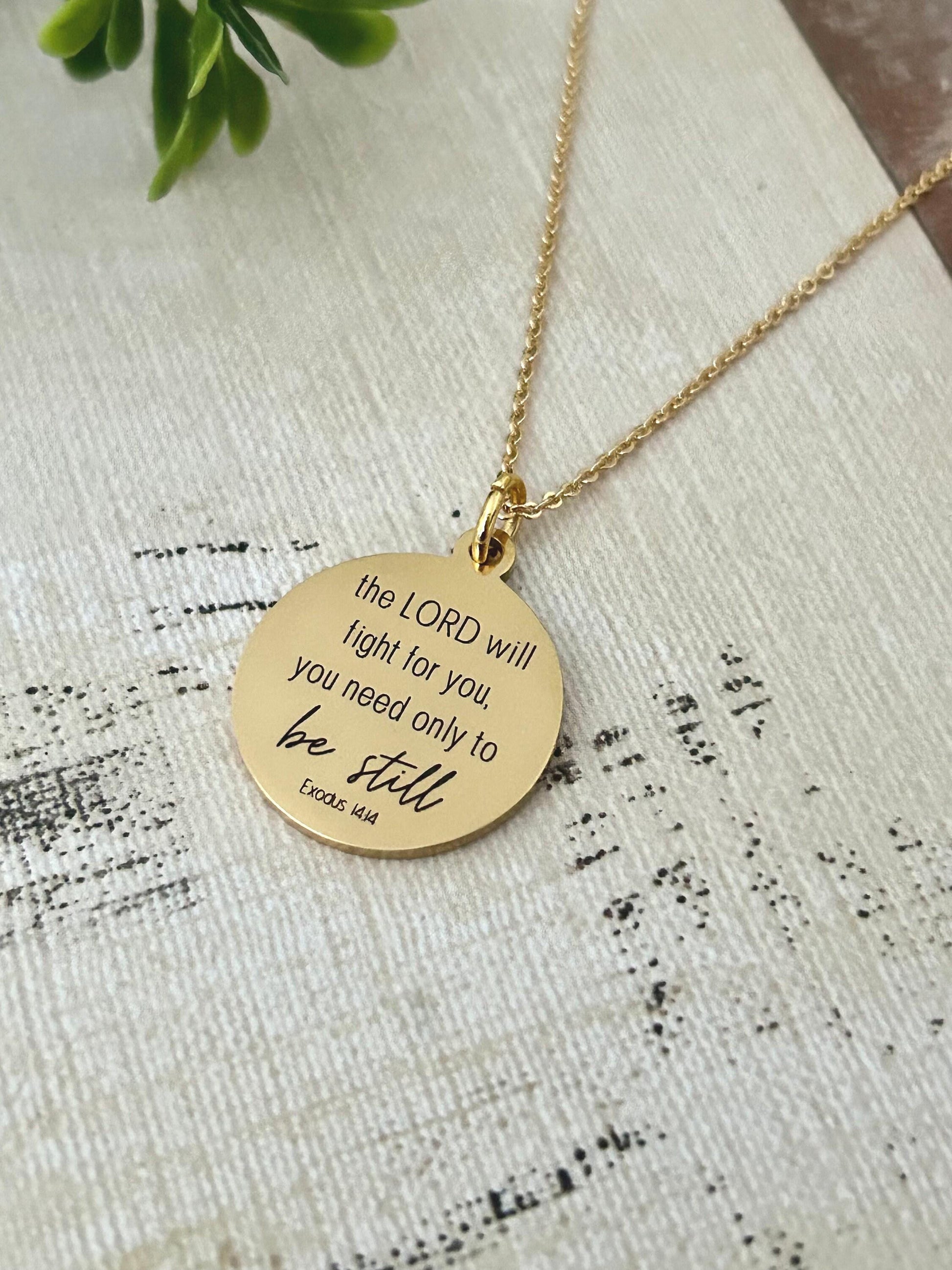 The Lord will fight for you Exodus 14:14 Engraved Bible Verse Necklace Christian Gifts Scripture Charms
