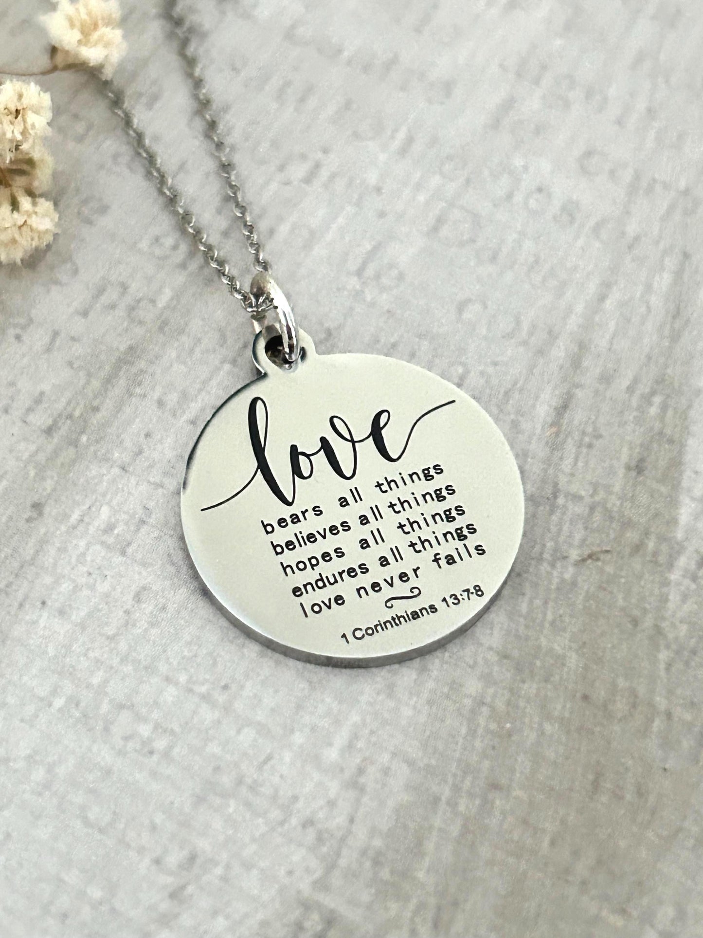 Love Never Fails Necklace: Christian Scripture Stainless Steel Pendant