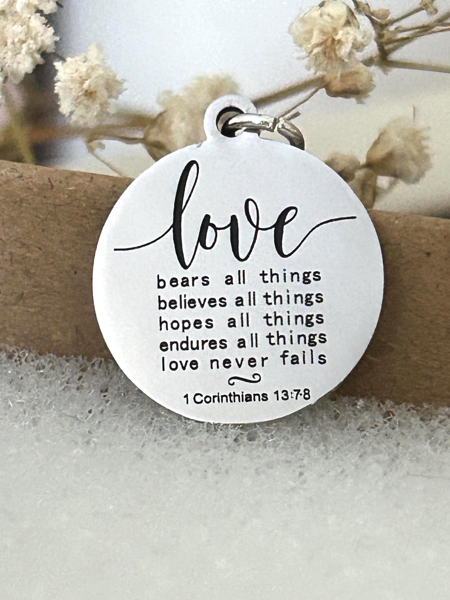 Love Never Fails Necklace: Christian Scripture Stainless Steel Pendant