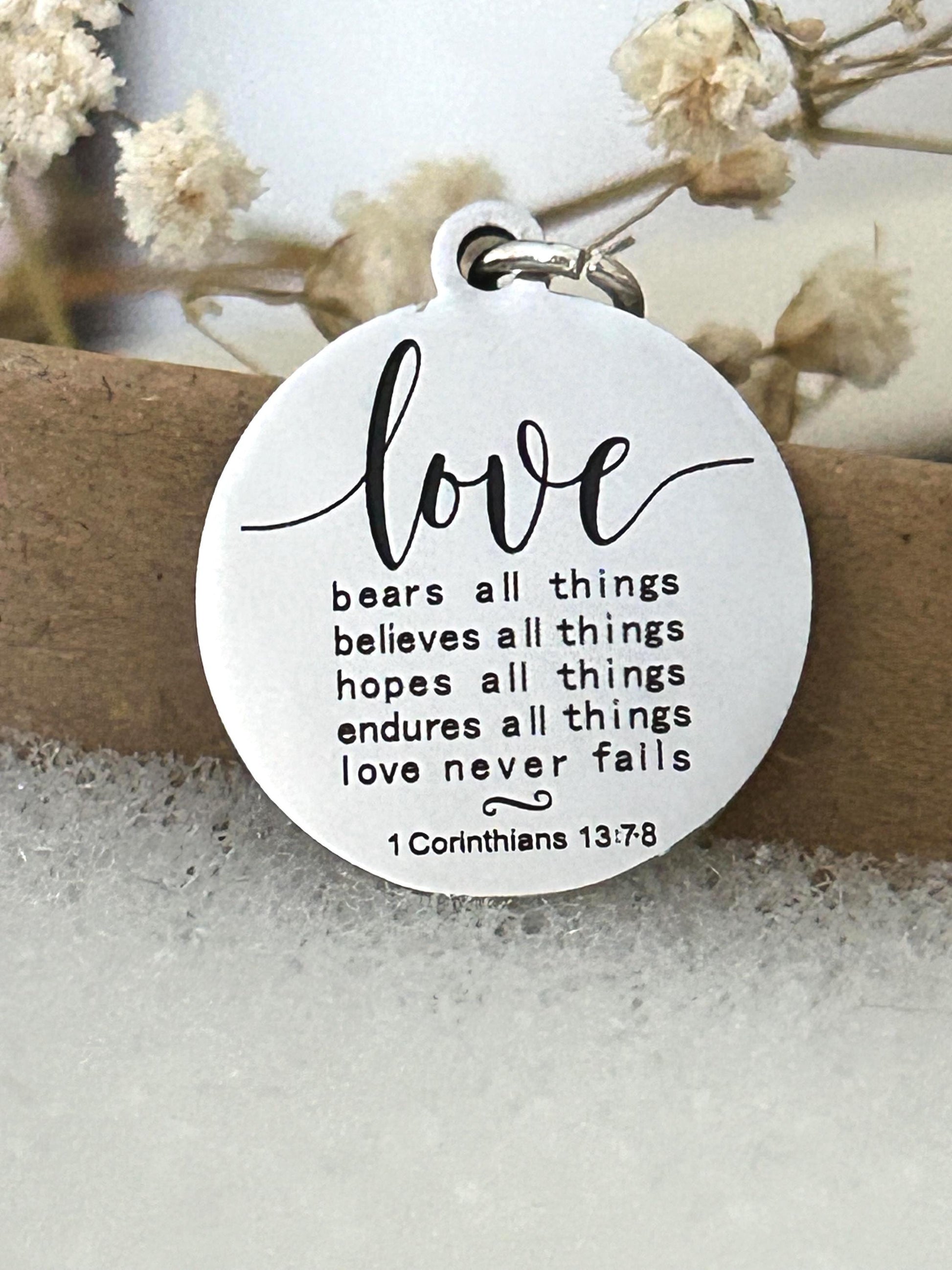 Love Never Fails Necklace: Christian Scripture Stainless Steel Pendant