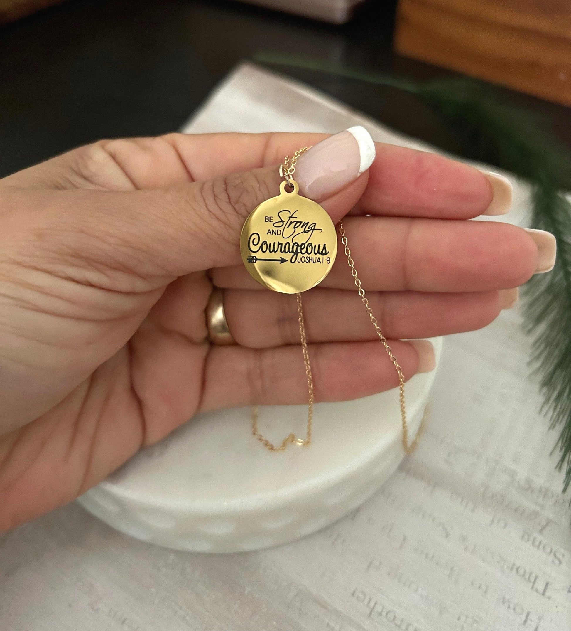 Be Strong And Courageous Bible Verse Necklace, Christian Gifts, Scripture Jewelry, Gifts for Mom, Baptism Affirmation Necklace, Joshua 1:9