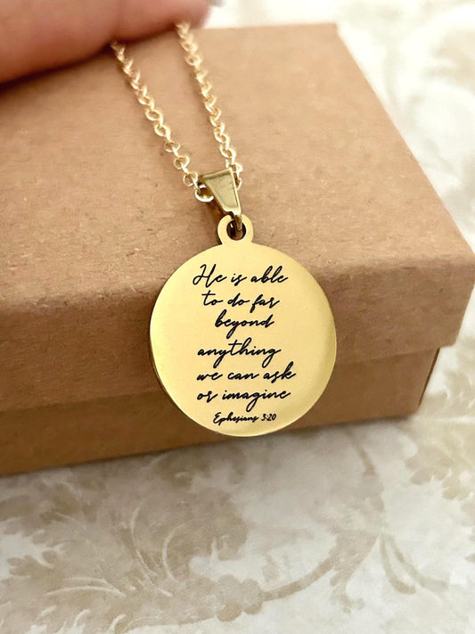 Ephesians 3:20 Necklace, He is able to do far beyond anything we Ask Or Imagine, Christian Gifts, Scripture Jewelry, Baptism, Affirmation