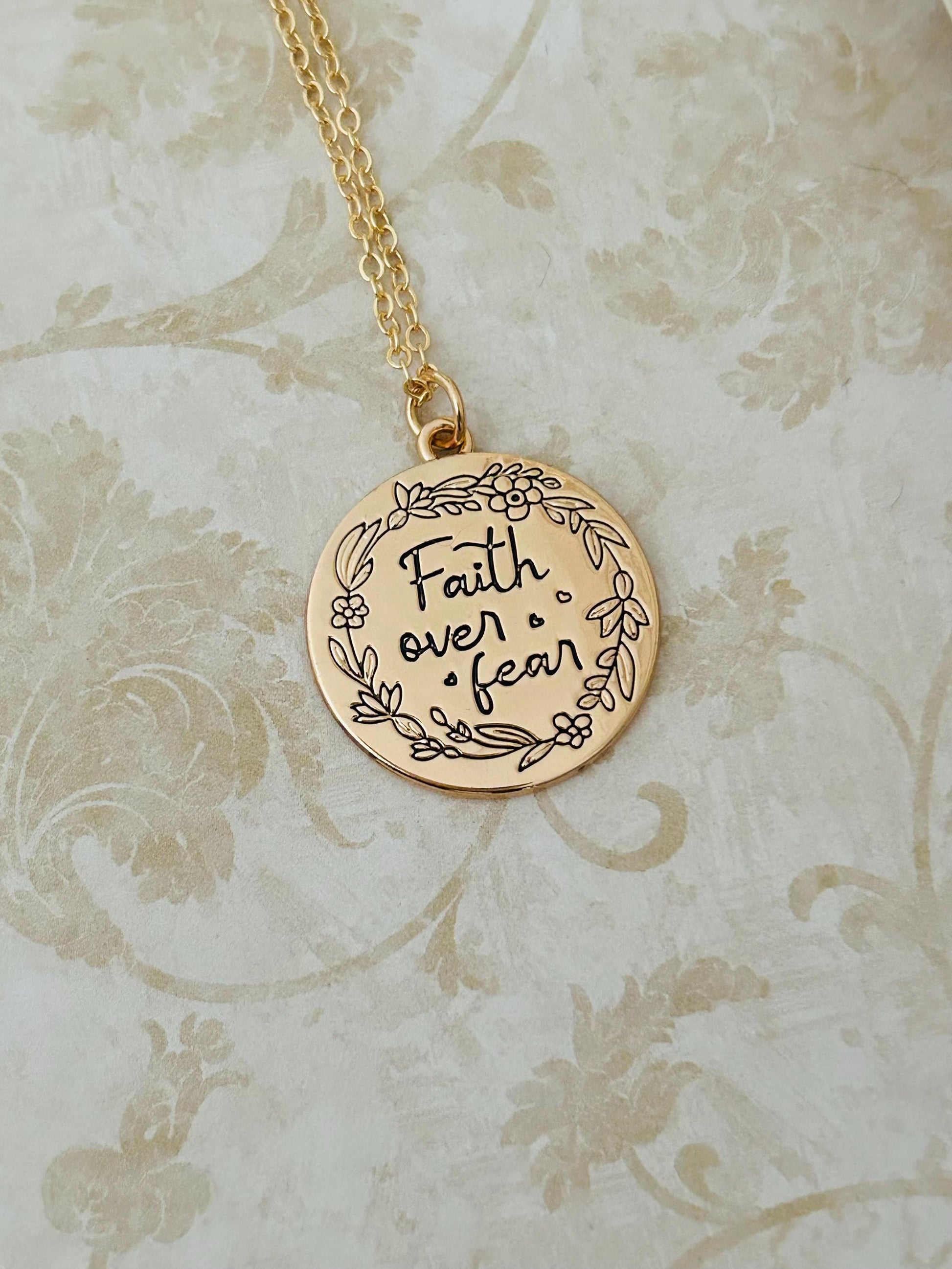 Faith Over Fear Gold Charm Necklace, Engraved Flower Necklace, Christian Gifts, Motivational Necklace, Meaningful Gifts, Faith Necklace