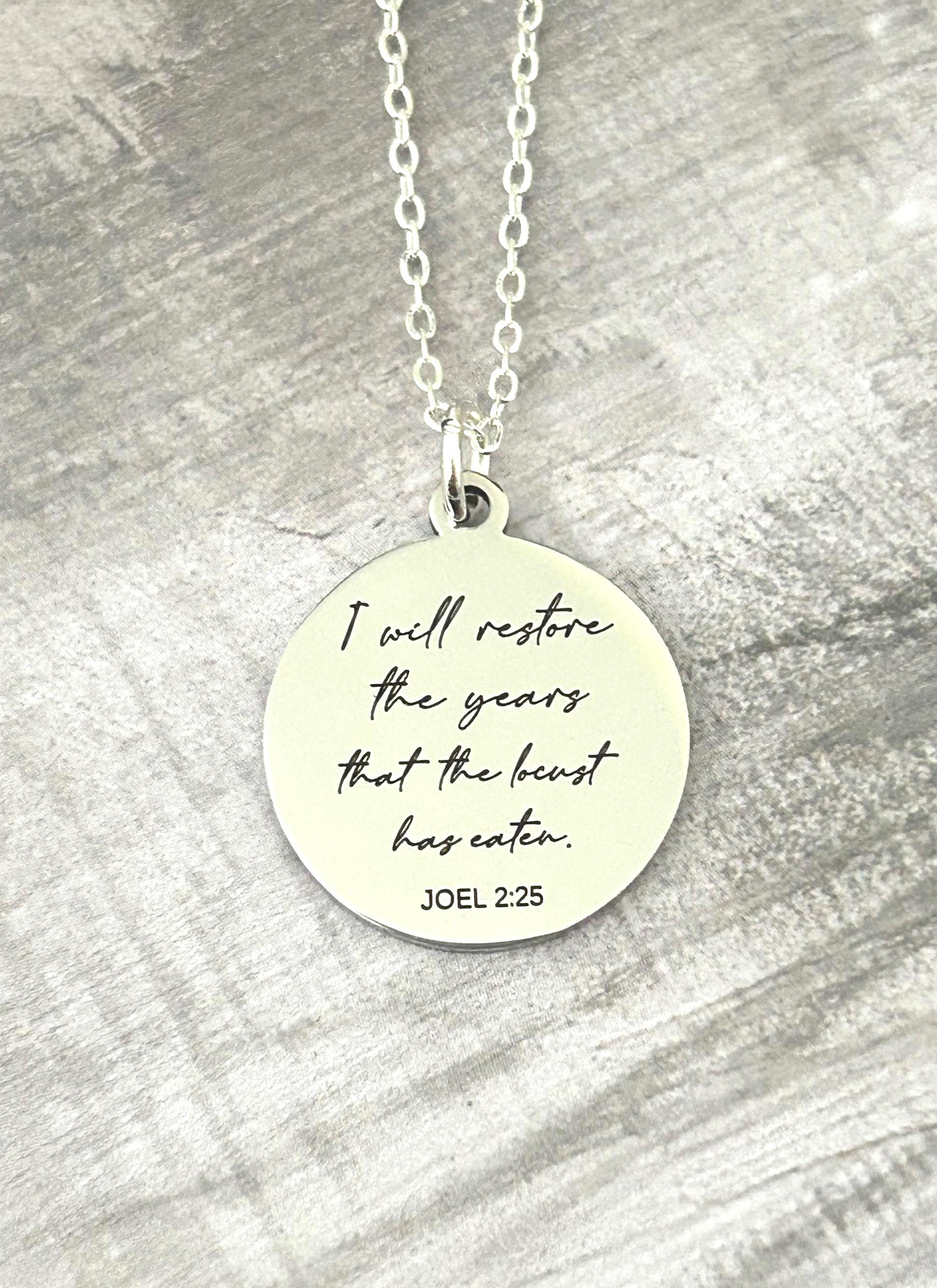 Bible Verse Necklace Joel 2:25, I will restore the years that the locust has eaten, Christian Gift, Scripture Jewelry, Personalized Necklace