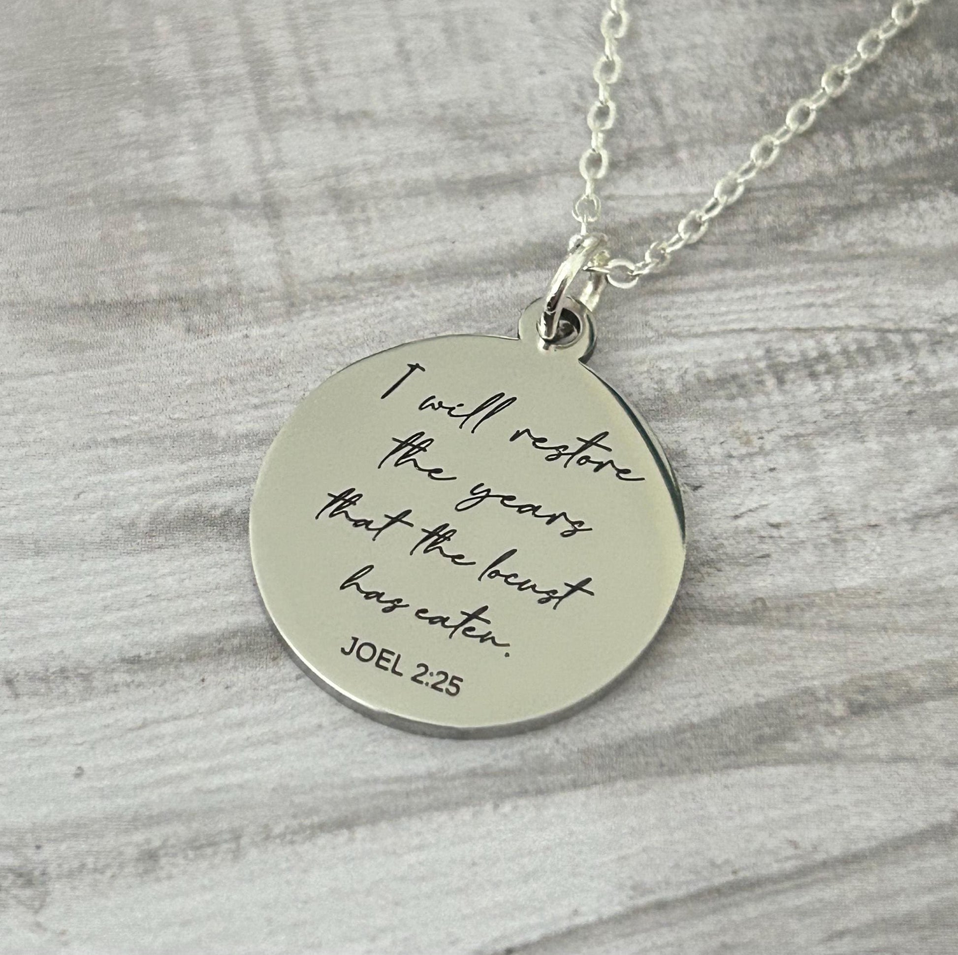 Bible Verse Necklace Joel 2:25, I will restore the years that the locust has eaten, Christian Gift, Scripture Jewelry, Personalized Necklace