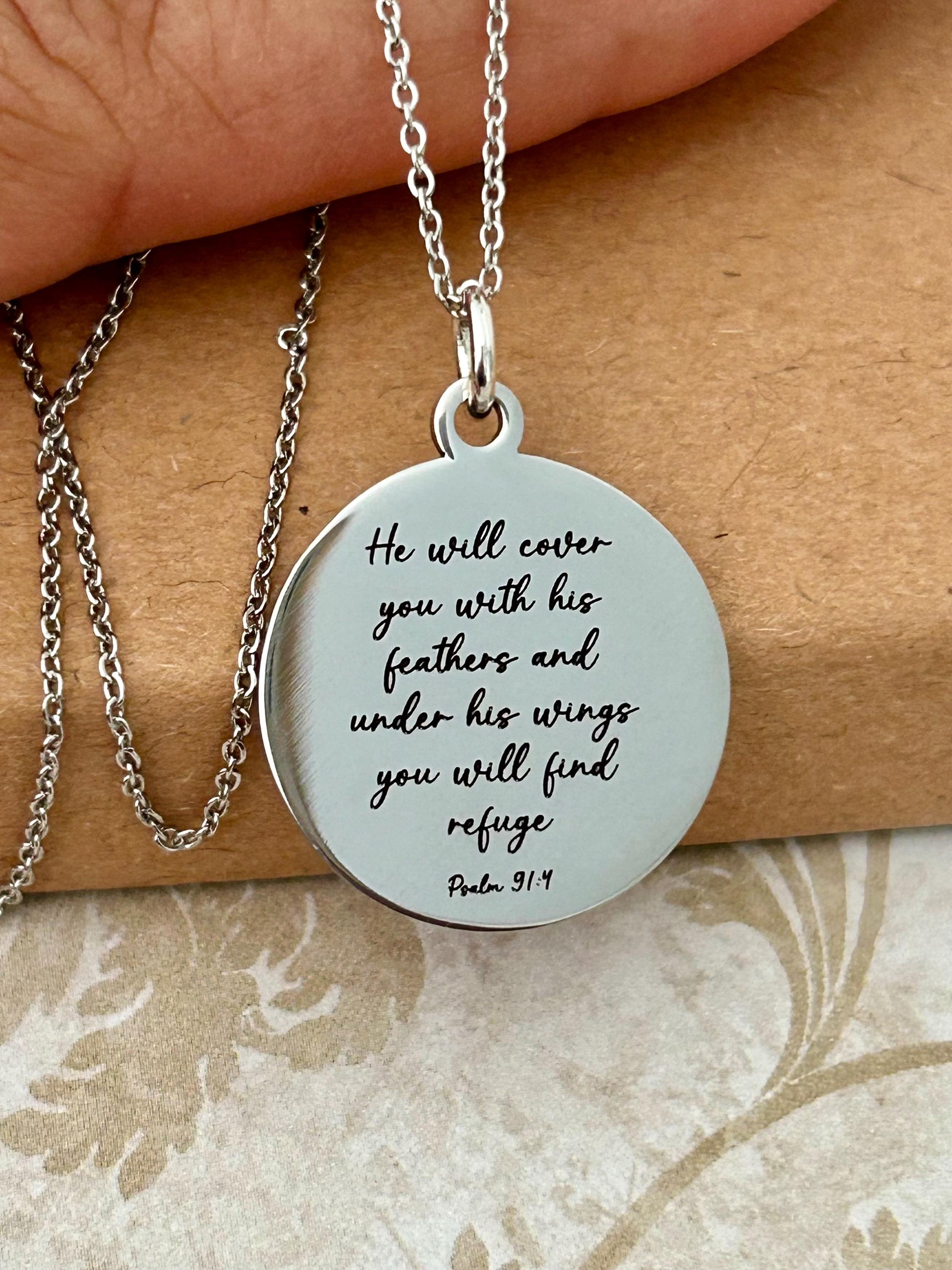Psalm 91 Necklace, Christian Gifts, Scripture Jewelry, Gifts for Mom, Motivational Gifts Prayer necklace He will cover you with his feathers