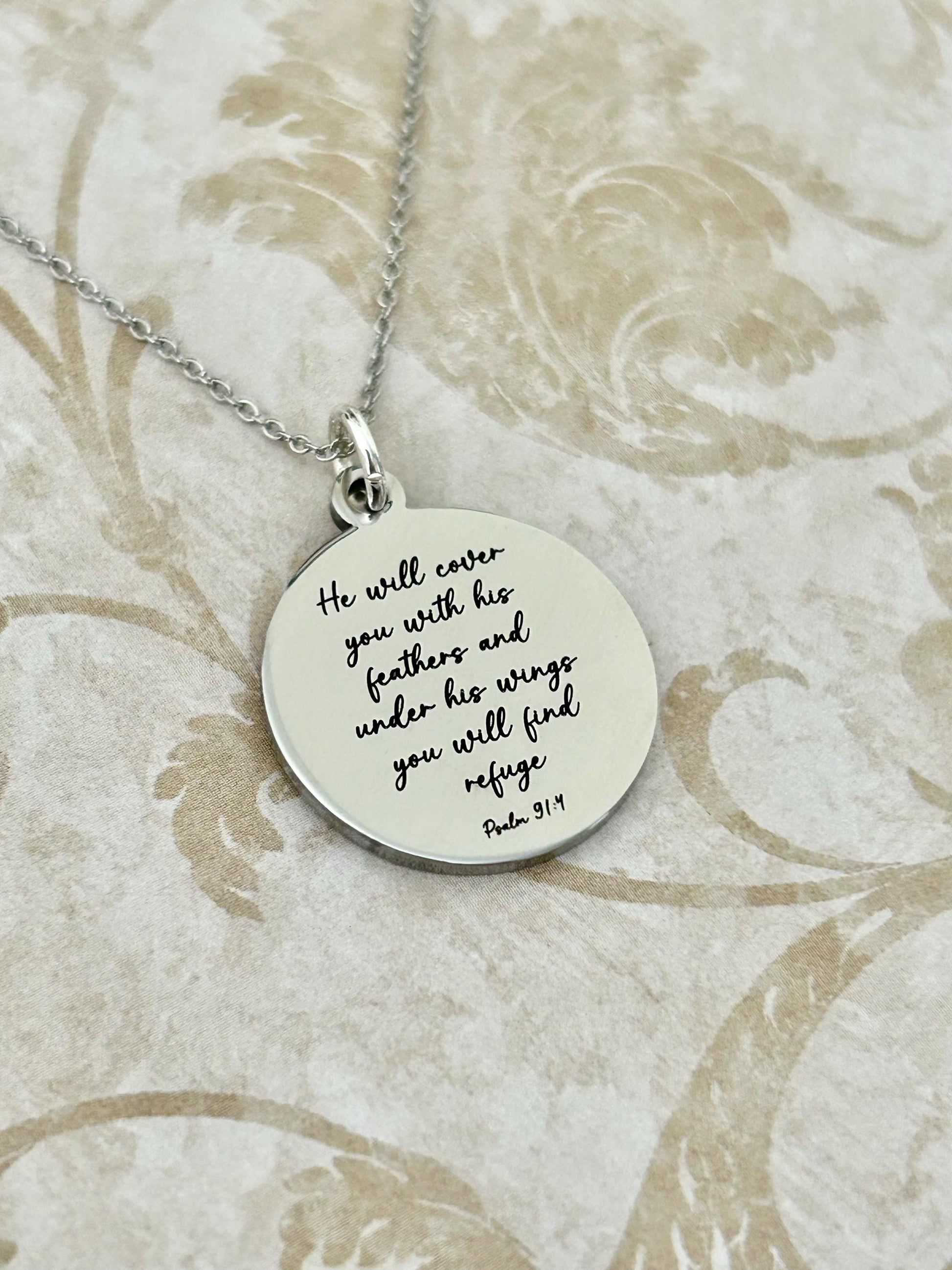 Psalm 91 Necklace, Christian Gifts, Scripture Jewelry, Gifts for Mom, Motivational Gifts Prayer necklace He will cover you with his feathers