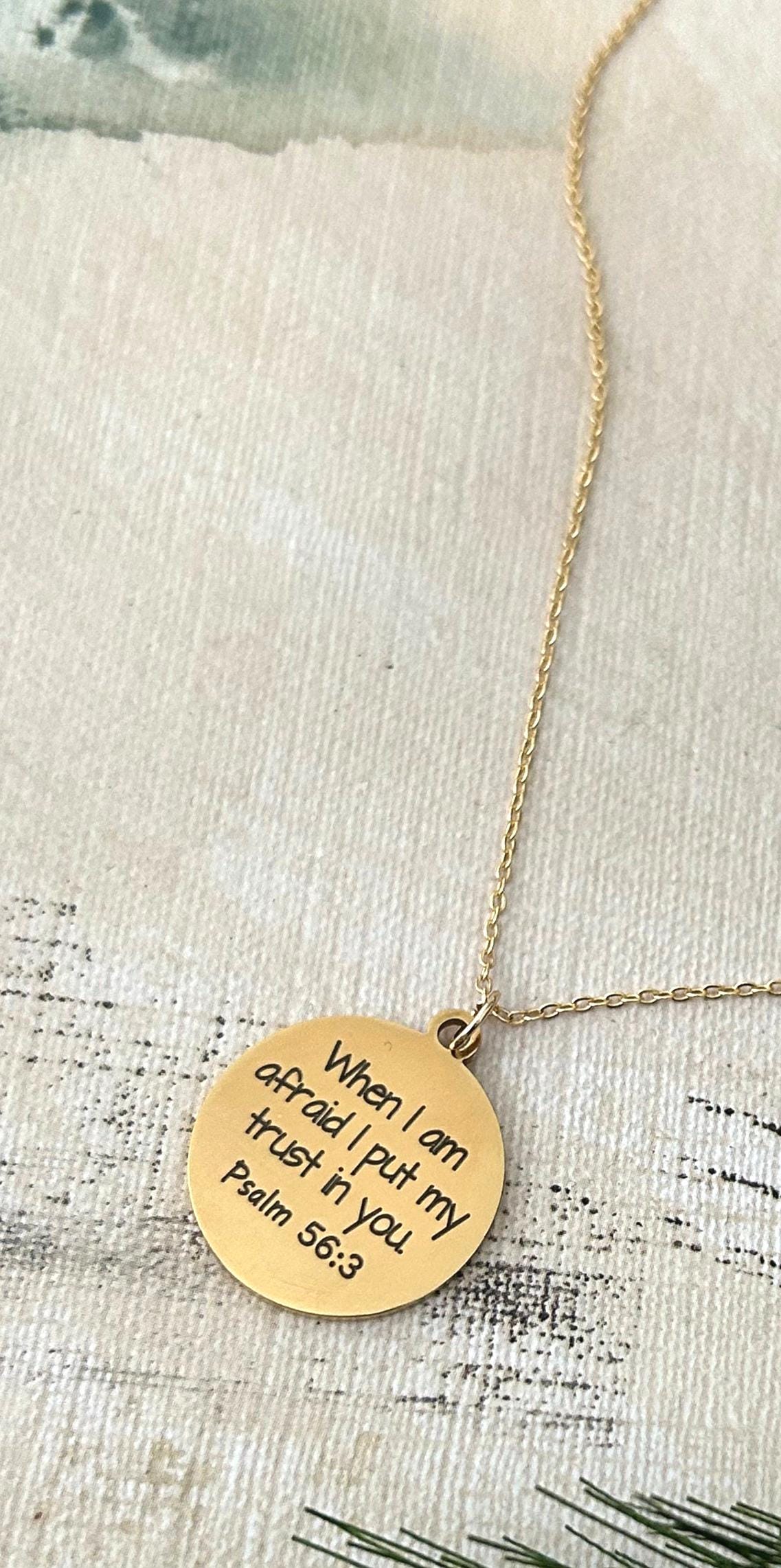 Psalms 56:3 Bible Verse Necklace, When I am afraid I put my trust in You, Christian Gifts, Faith Inspirational Jewelry, Engraved Necklace