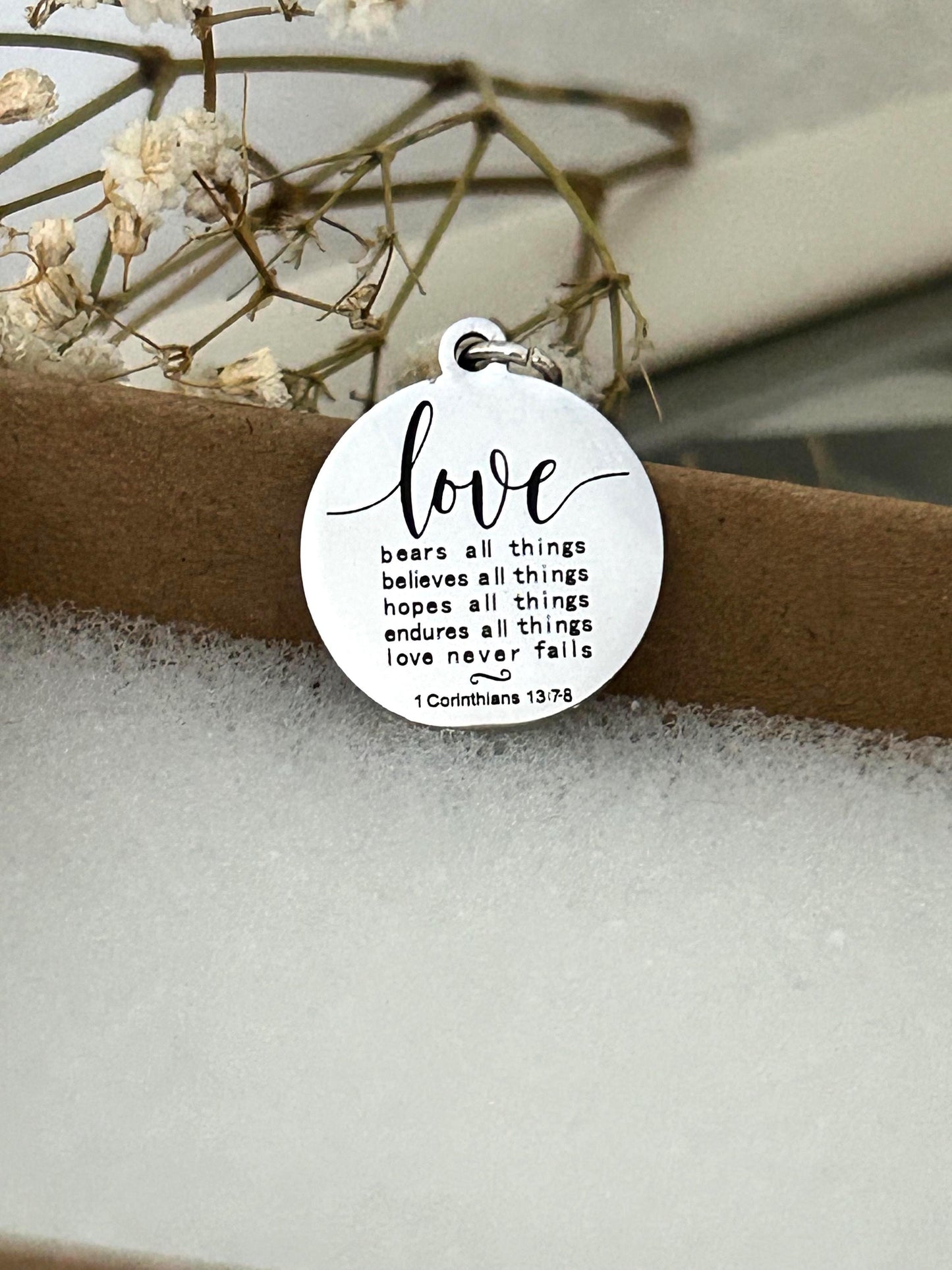 Love Never Fails Necklace: Christian Scripture Stainless Steel Pendant