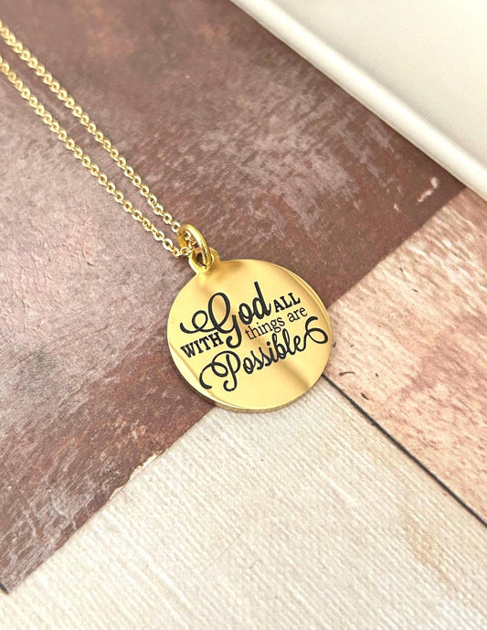 Gold Bible Verse Necklace: Christian Scripture Jewelry Gift With God All Things are Possible