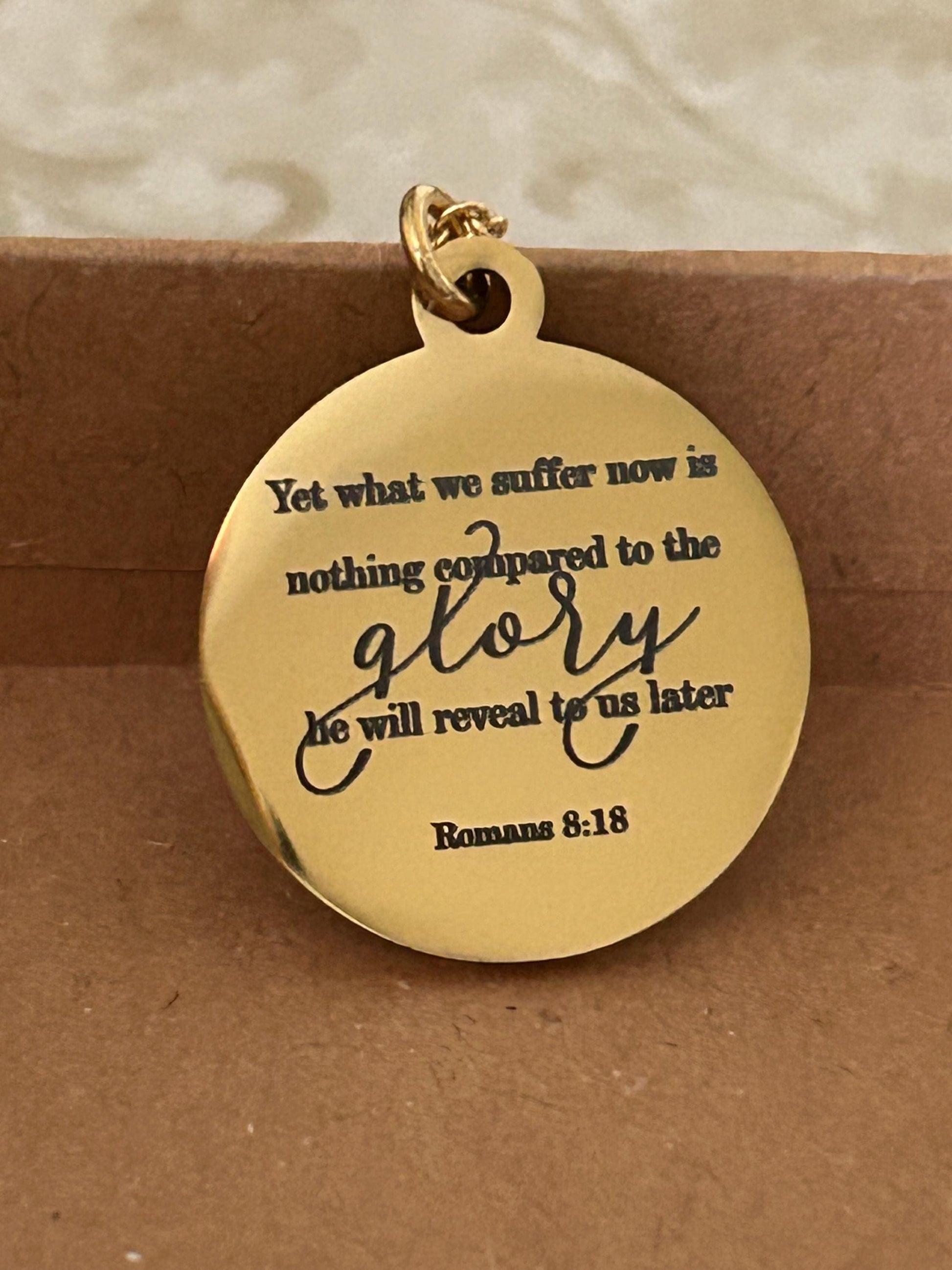 Present Sufferings Bible Verse Necklace, Romans 8:18 Personalized Christian Gifts, 14K Gold Charm Necklace