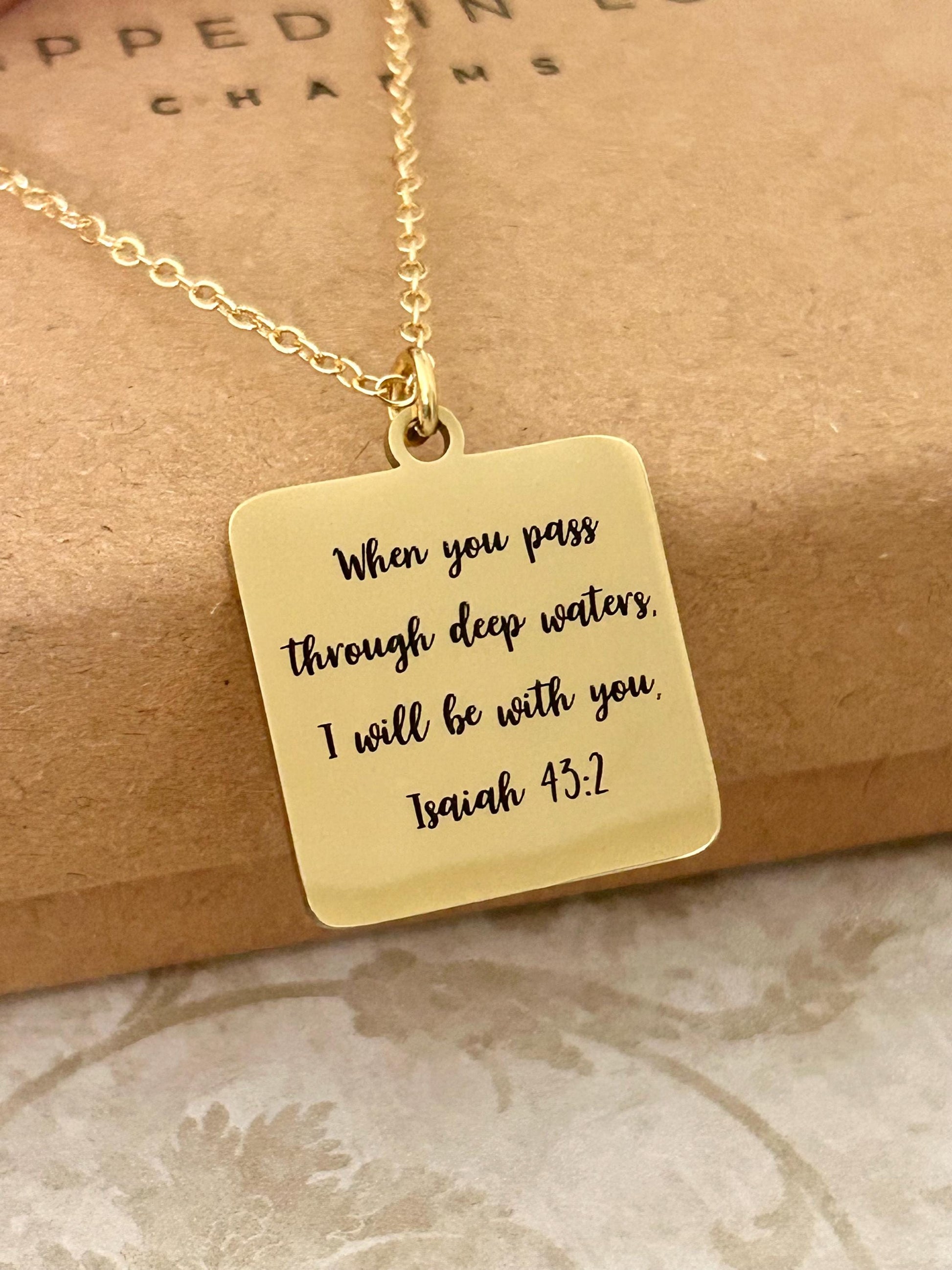 When You Go Through Deep Waters Necklace, Isaiah 43:2 Christian Necklace, Faith Jewelry Gift for Her, Encouragement Gift, Bible Verse Charm