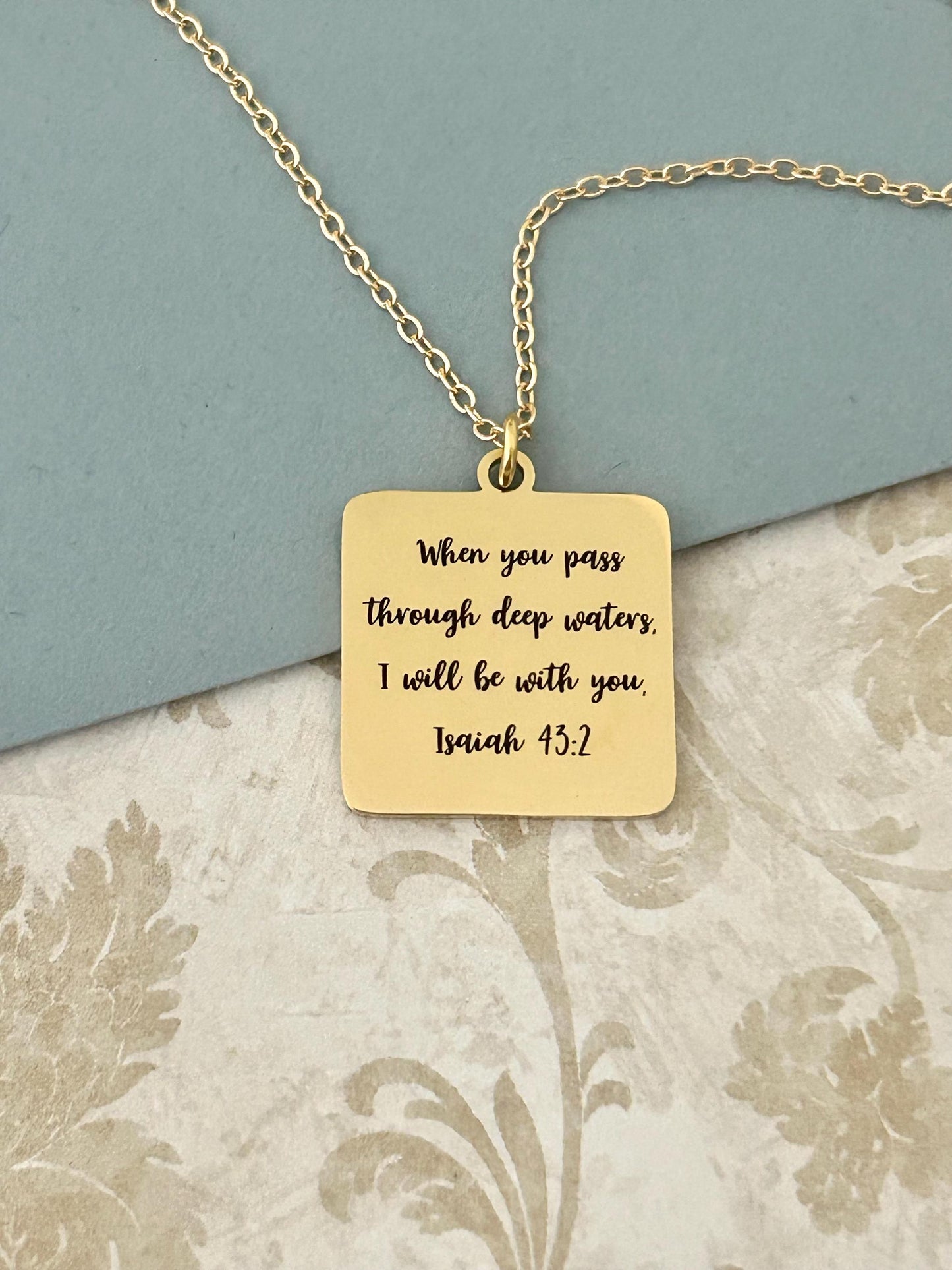 When You Go Through Deep Waters Necklace, Isaiah 43:2 Christian Necklace, Faith Jewelry Gift for Her, Encouragement Gift, Bible Verse Charm