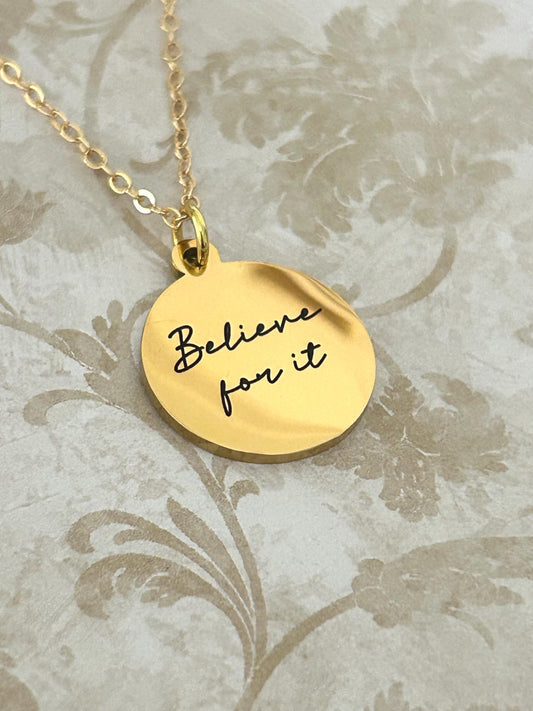 Gold Believe Necklace: Christian Faith Pendant, Motivational Gift