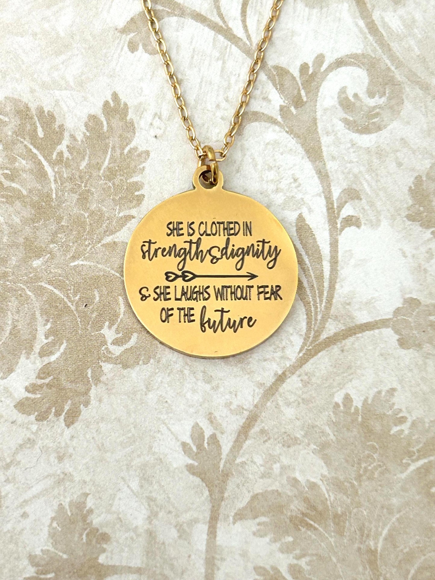 Proverbs 31:25 Gold Necklace, She is clothed in strength and Dignity, Christian Gifts Jewelry, Bible Quote Necklace, Scripture Jewelry,
