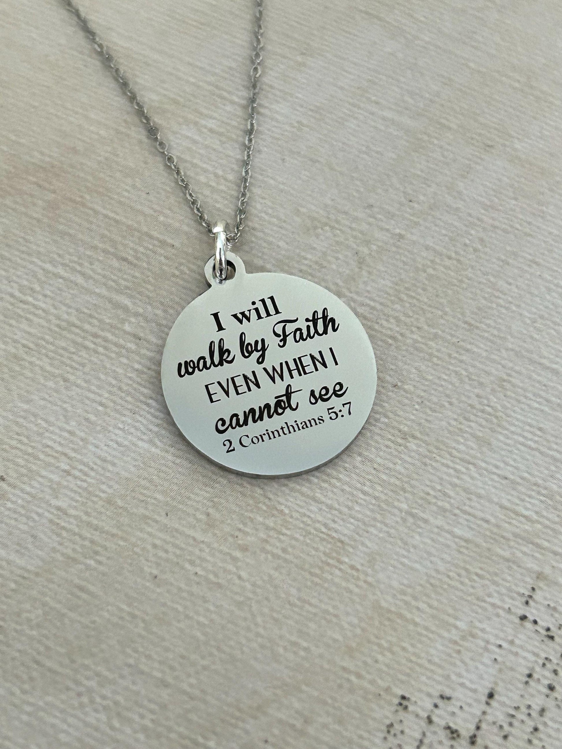 I will walk by faith Bible Verse Necklace, Christian Gifts, Scripture Jewelry, 2 Corinthians 5:7, Faith Jewelry, Engraved Silver Necklace