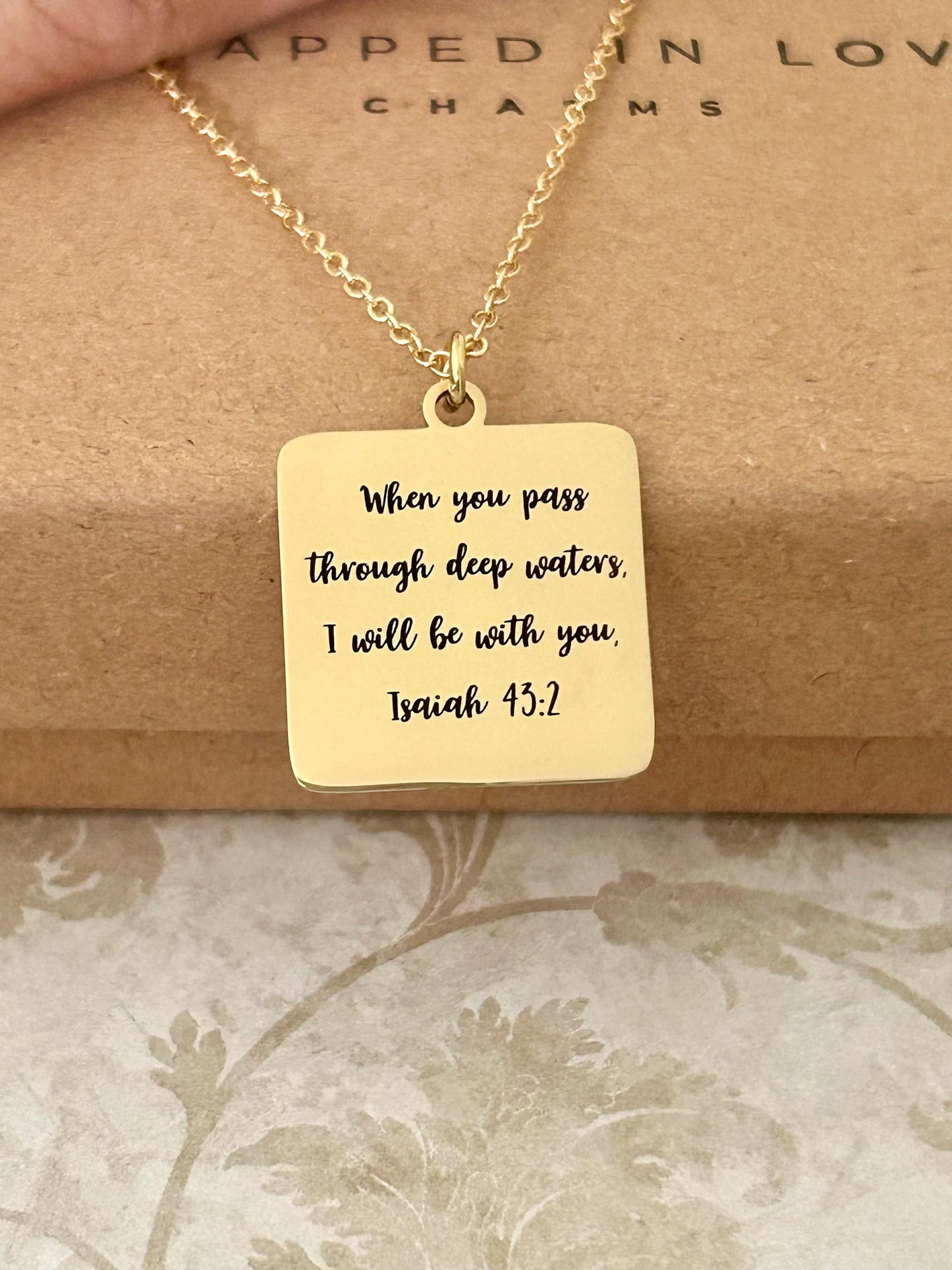 When You Go Through Deep Waters Necklace, Isaiah 43:2 Christian Necklace, Faith Jewelry Gift for Her, Encouragement Gift, Bible Verse Charm