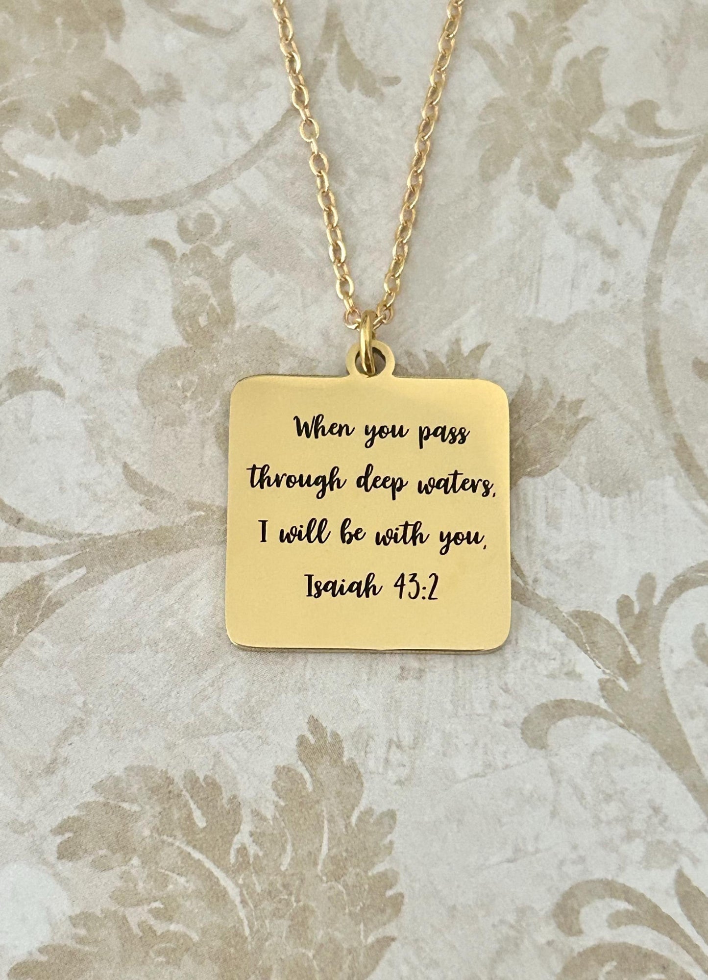 When You Go Through Deep Waters Necklace, Isaiah 43:2 Christian Necklace, Faith Jewelry Gift for Her, Encouragement Gift, Bible Verse Charm
