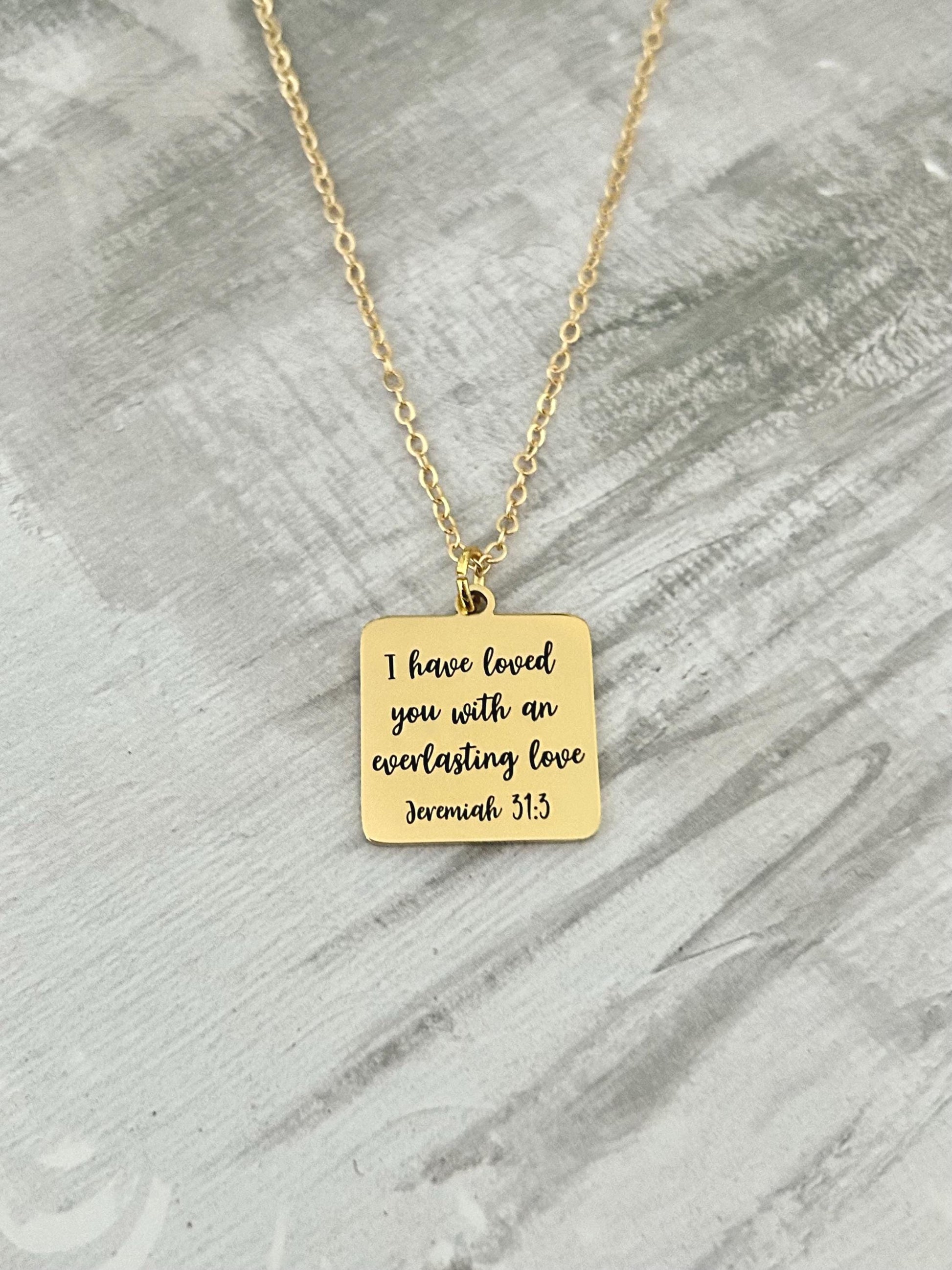 Jeremiah 31:3 Gold Charm Necklace, Christian Scripture Jewelry
