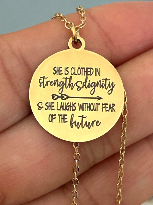 Proverbs 31:25 Gold Necklace, She is clothed in strength and Dignity, Christian Gifts Jewelry, Bible Quote Necklace, Scripture Jewelry,