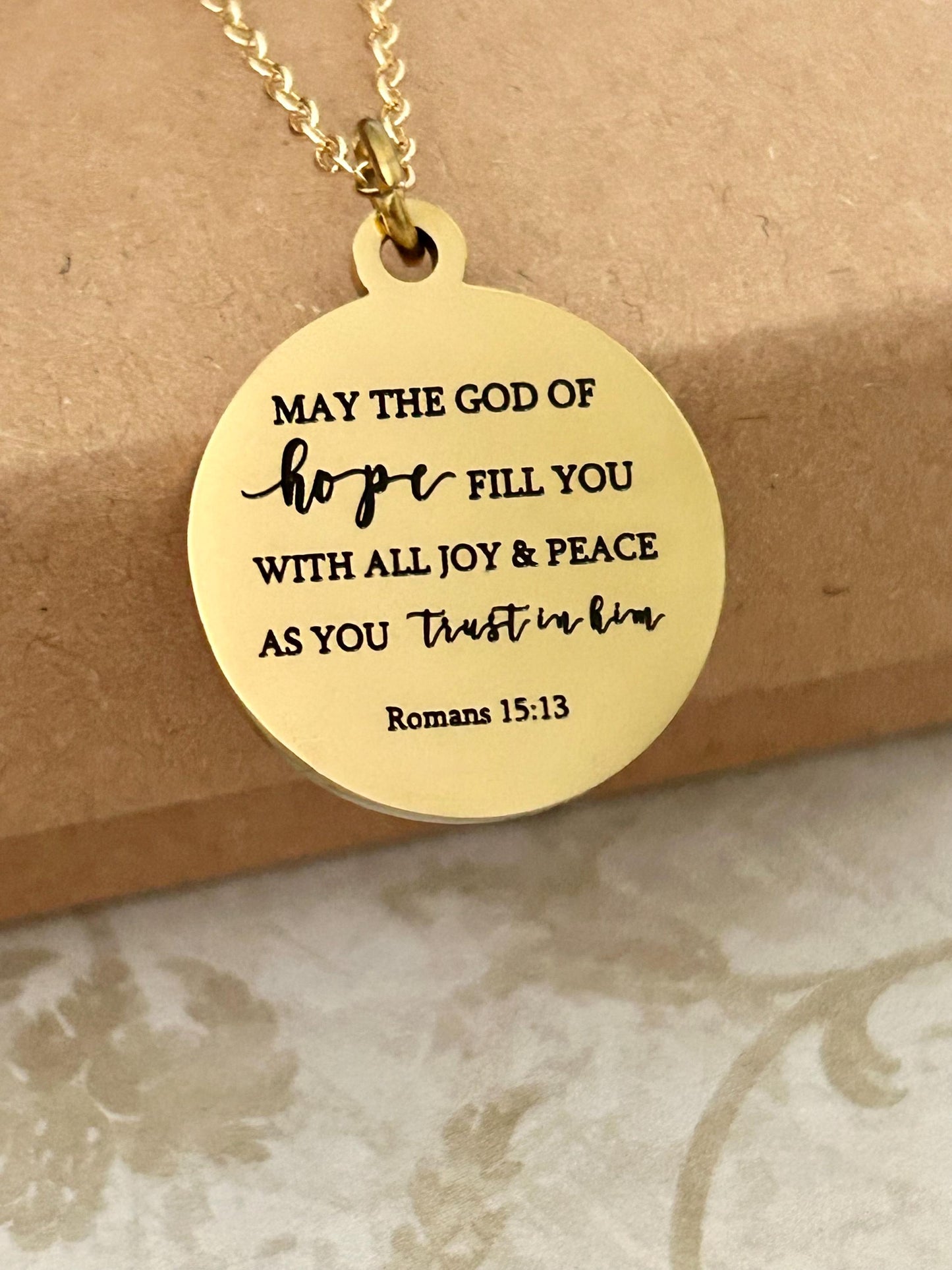 Bible Verse Necklace May the GOD of hope fill you with all joy and peace as you trust in Him Romans 15:13 Christian Gifts Faith Jewelry
