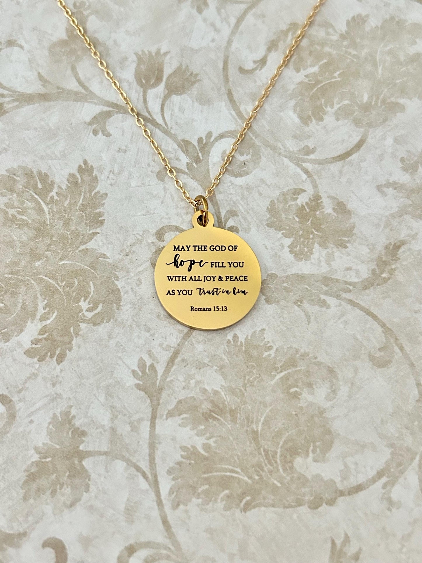 Bible Verse Necklace May the GOD of hope fill you with all joy and peace as you trust in Him Romans 15:13 Christian Gifts Faith Jewelry
