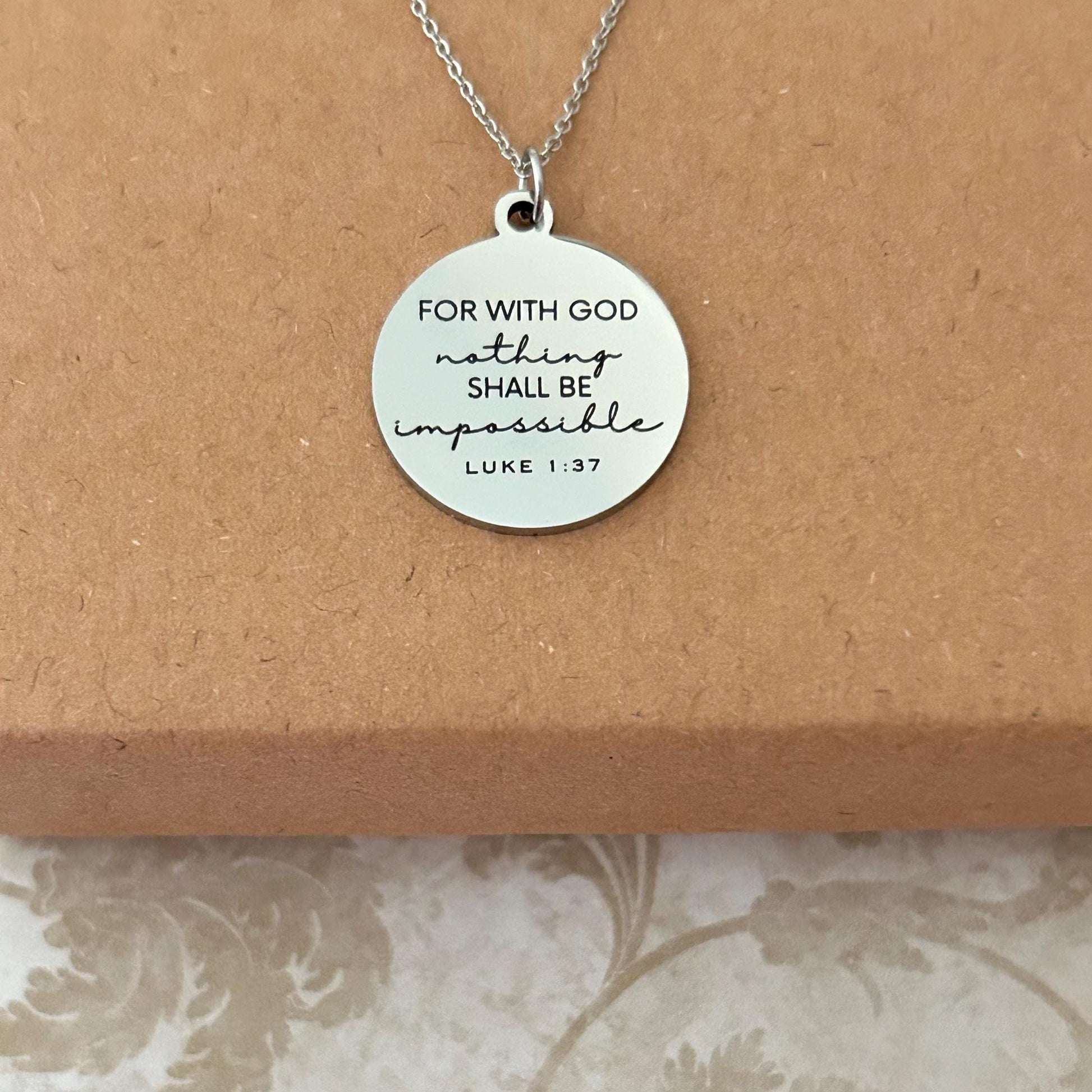 Luke 1:37 Necklace – “For With God Nothing Shall Be Impossible” Bible Verse Pendant | Christian Faith Jewelry Gift