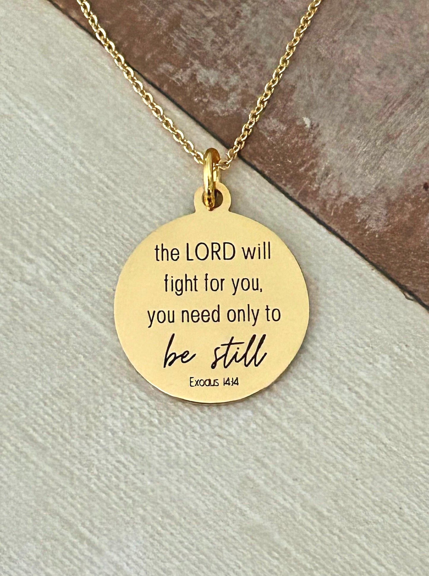Gold Exodus 14:14 Charm Necklace, Personalized Christian Jewelry