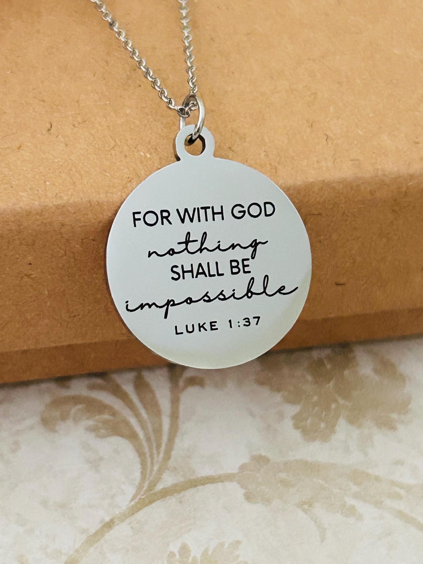 Luke 1:37 Necklace – “For With God Nothing Shall Be Impossible” Bible Verse Pendant | Christian Faith Jewelry Gift