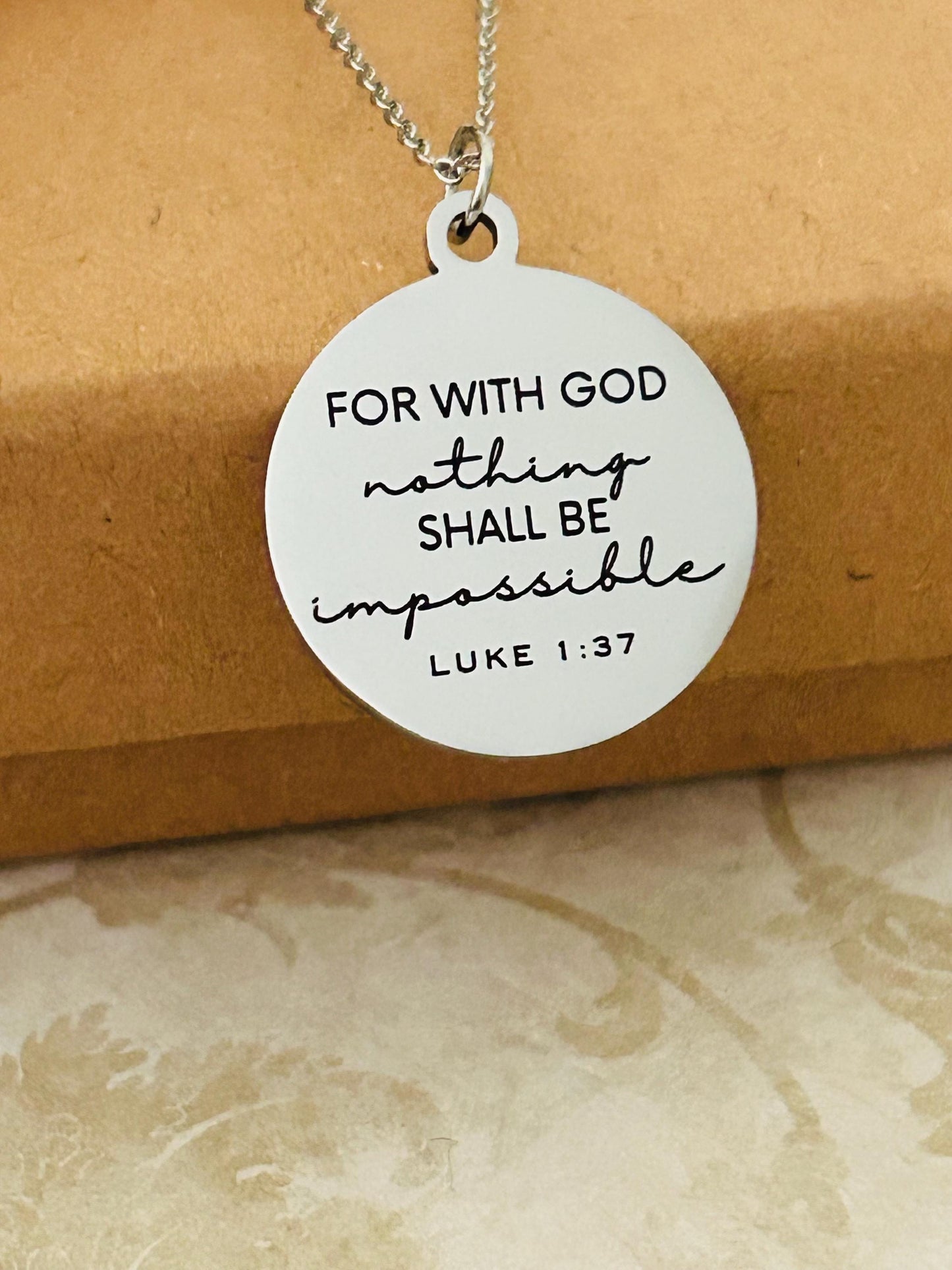 Luke 1:37 Necklace – “For With God Nothing Shall Be Impossible” Bible Verse Pendant | Christian Faith Jewelry Gift