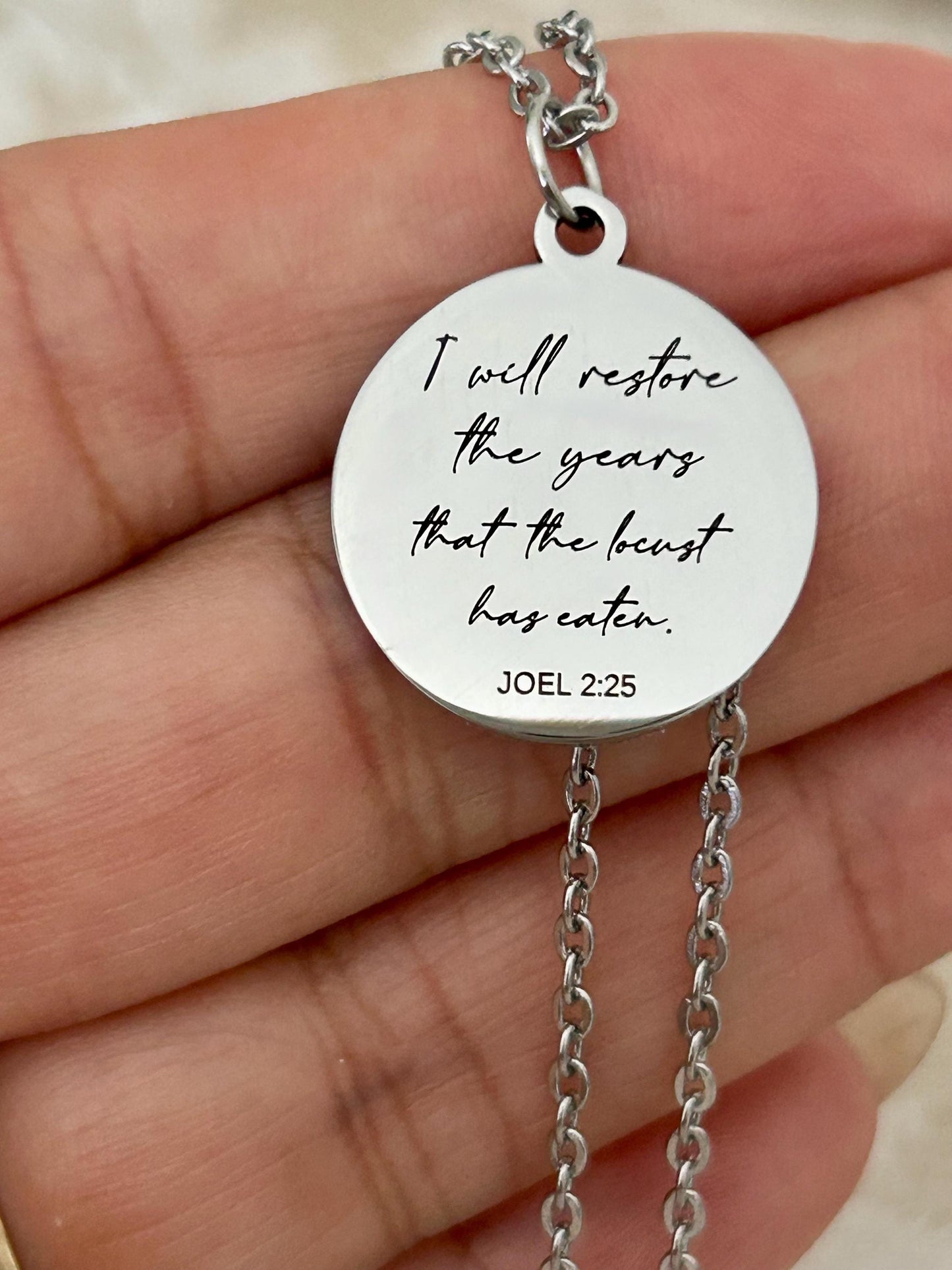 I will restore the years that the locust has eaten Engraved Joel 2:25 Necklace, Christian Scripture Gift