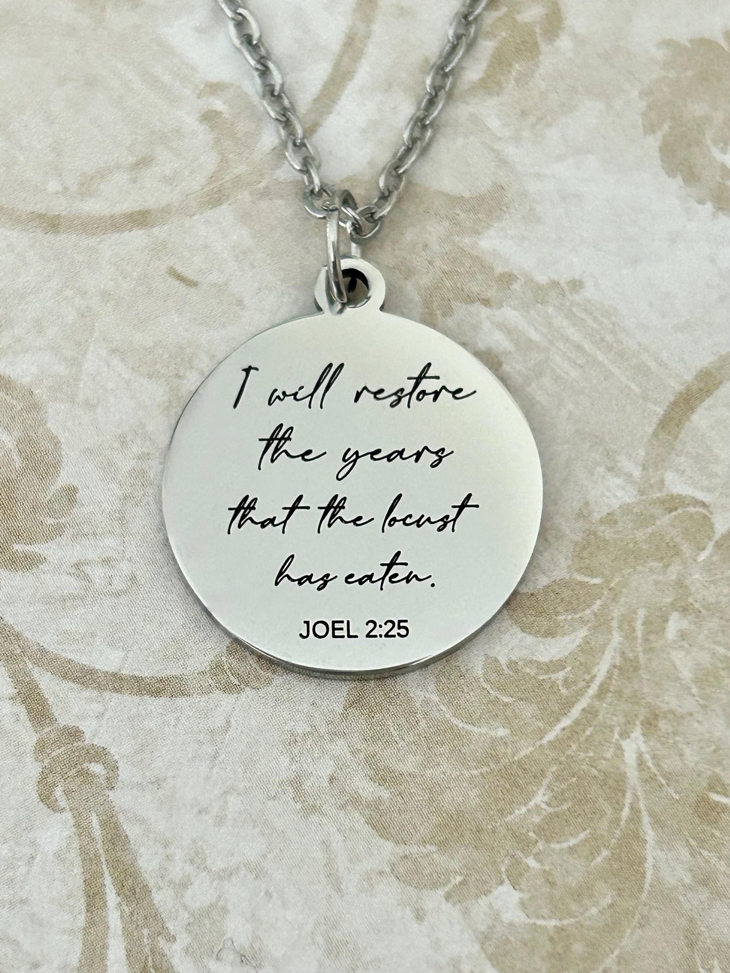 I will restore the years that the locust has eaten Engraved Joel 2:25 Necklace, Christian Scripture Gift