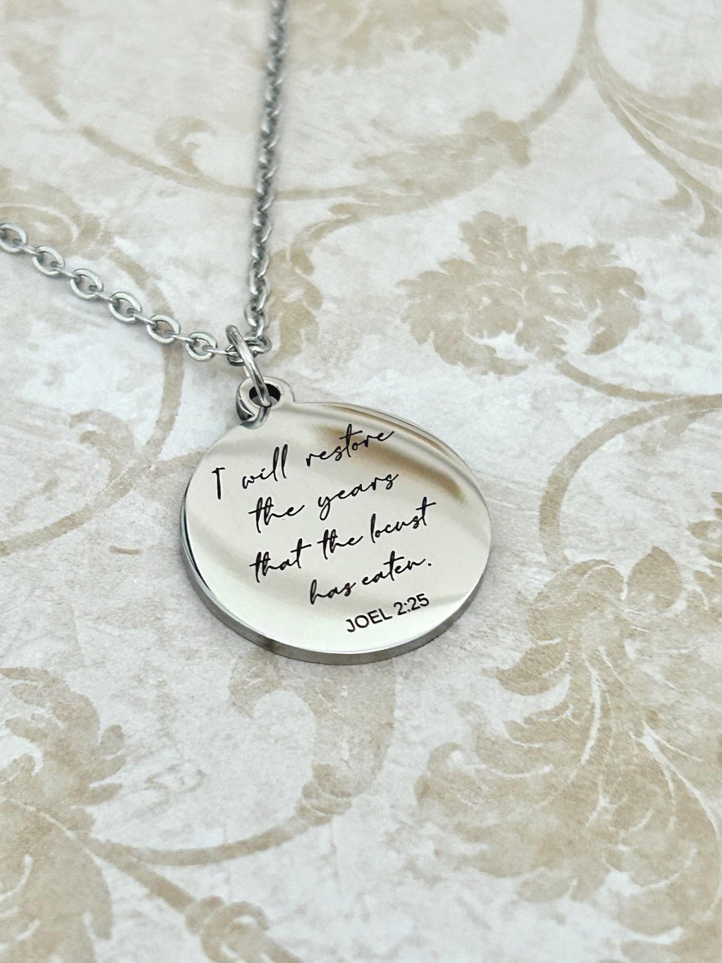 I will restore the years that the locust has eaten Engraved Joel 2:25 Necklace, Christian Scripture Gift